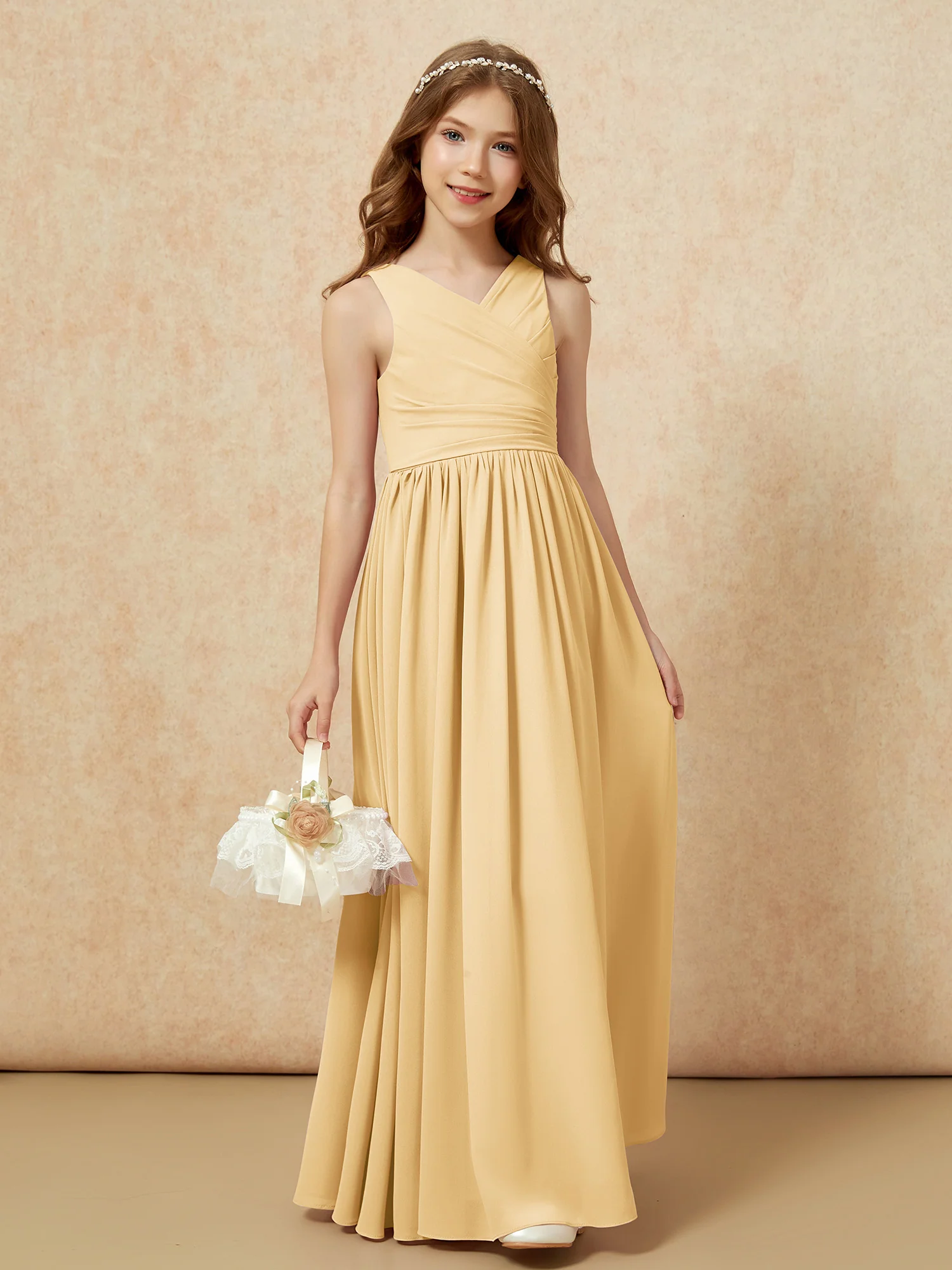 Pleated V-neck Chiffon Long Junior Bridesmaid Dresses Gold - Image 4