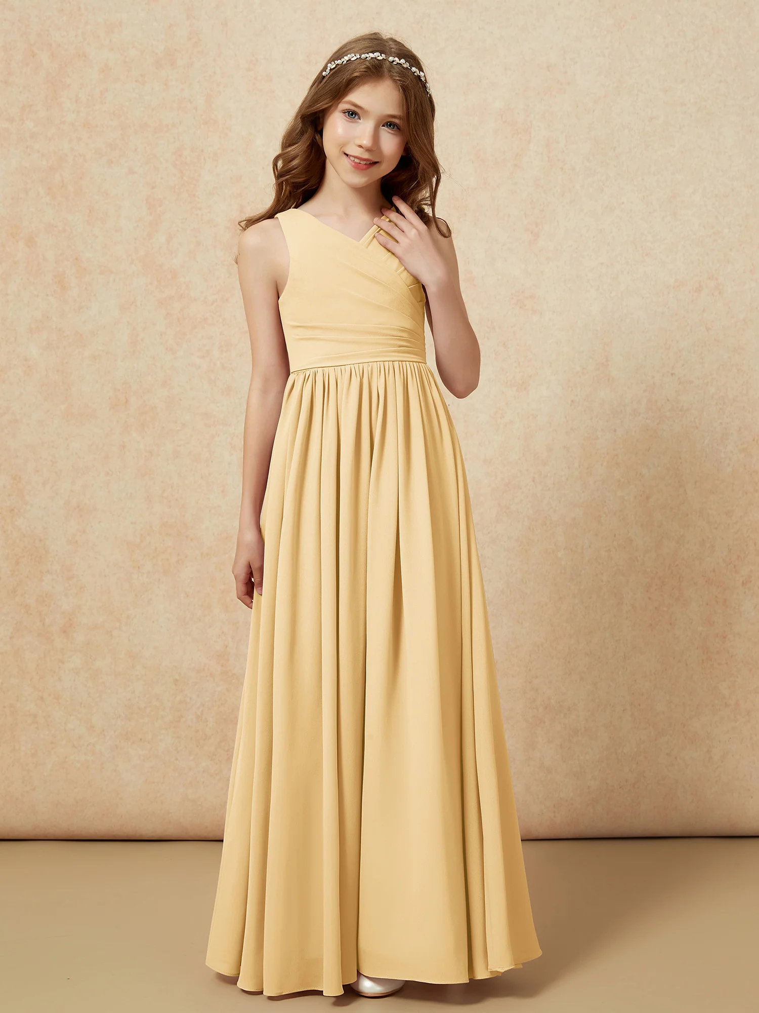 Pleated V-neck Chiffon Long Junior Bridesmaid Dresses Gold - Image 5