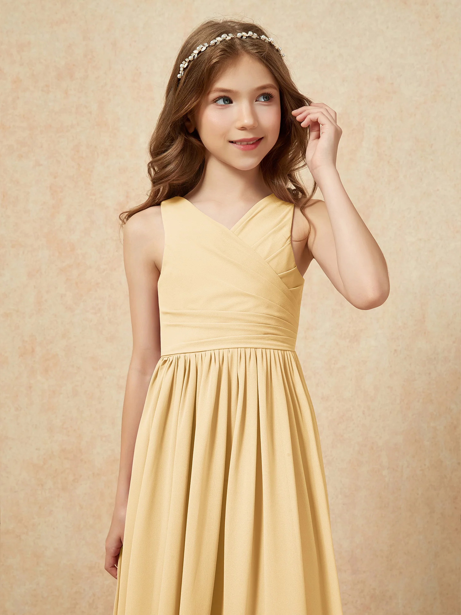 Pleated V-neck Chiffon Long Junior Bridesmaid Dresses Gold - Image 6