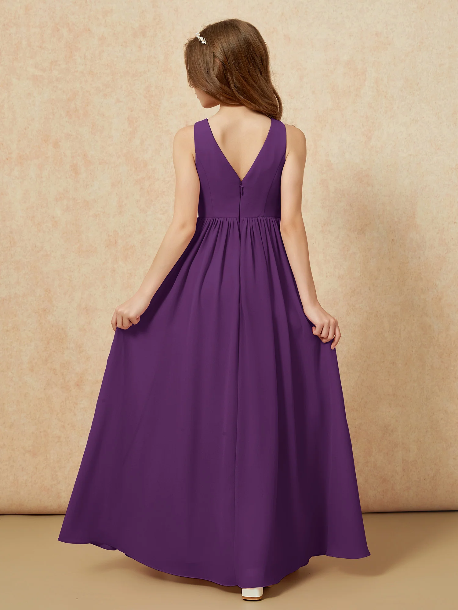 Pleated V-neck Chiffon Long Junior Bridesmaid Dresses Grape - Image 2