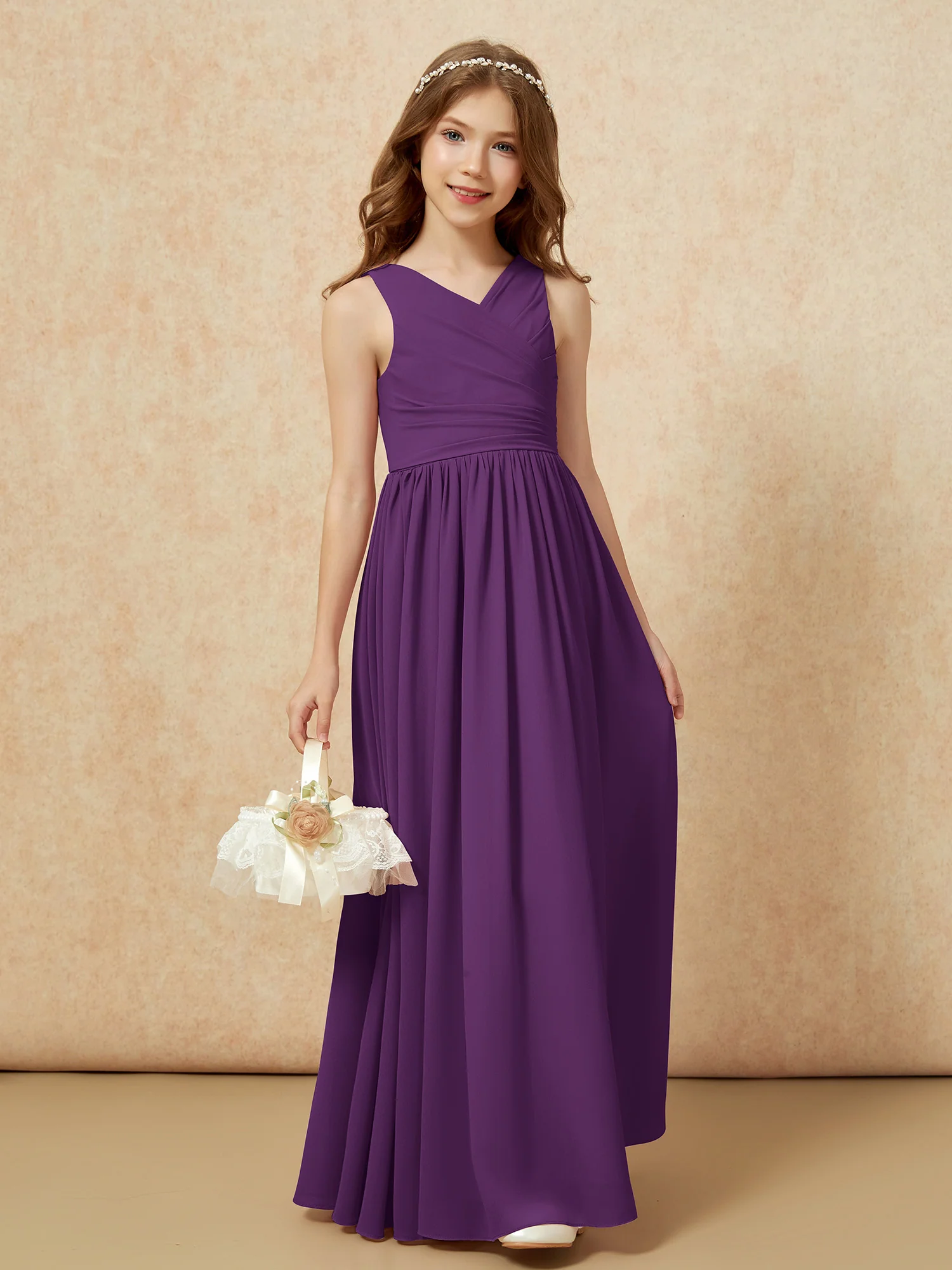 Pleated V-neck Chiffon Long Junior Bridesmaid Dresses Grape - Image 4