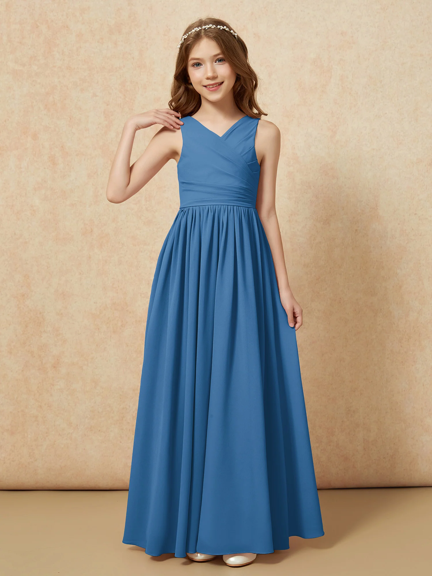 Pleated V-neck Chiffon Long Junior Bridesmaid Dresses Ink Blue