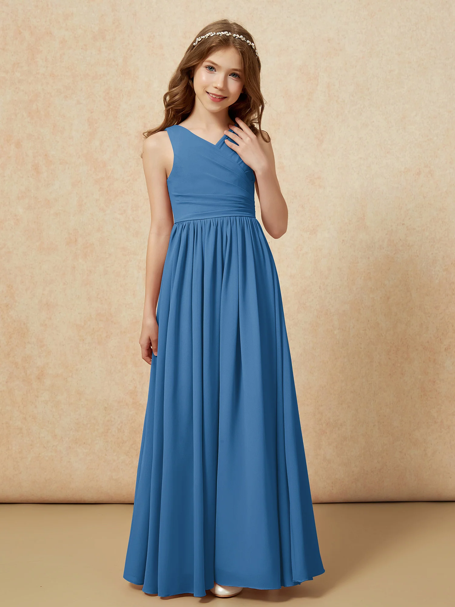 Pleated V-neck Chiffon Long Junior Bridesmaid Dresses Ink Blue - Image 5