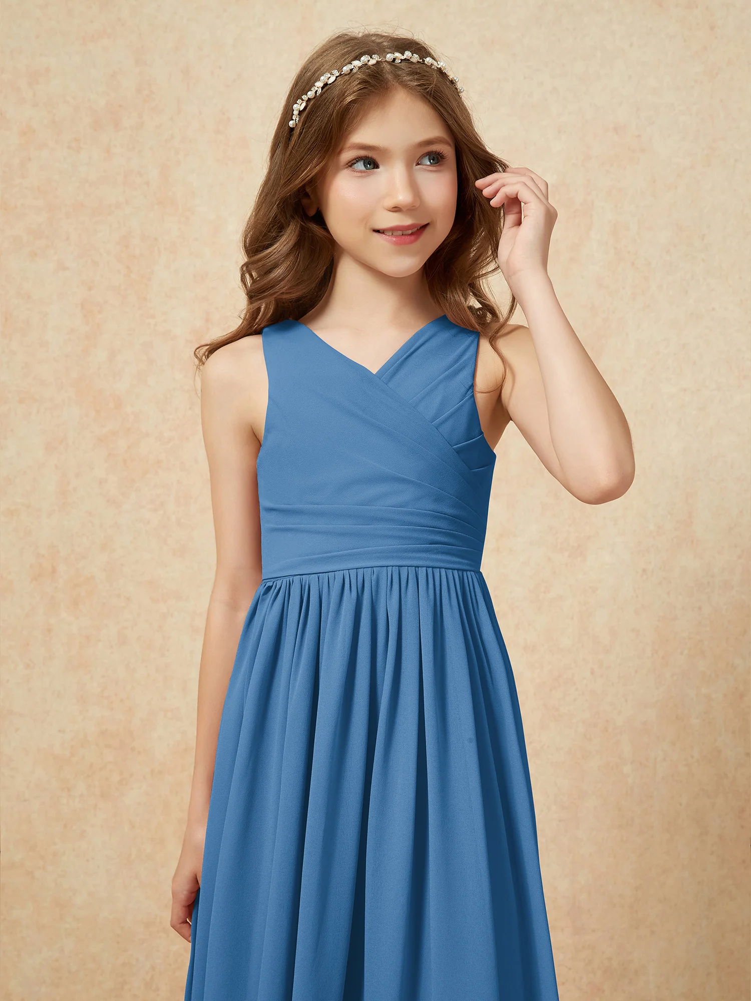 Pleated V-neck Chiffon Long Junior Bridesmaid Dresses Ink Blue - Image 6