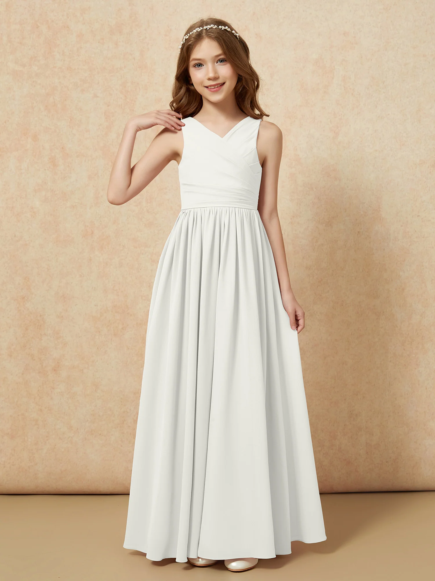 Pleated V-neck Chiffon Long Junior Bridesmaid Dresses Ivory