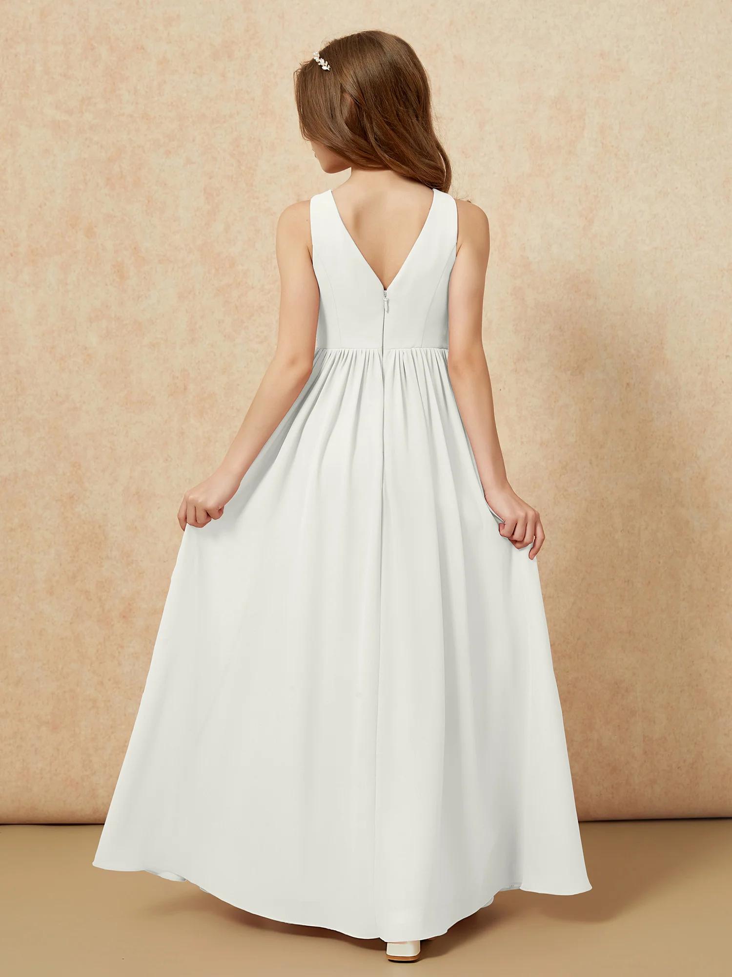 Pleated V-neck Chiffon Long Junior Bridesmaid Dresses Ivory - Image 2
