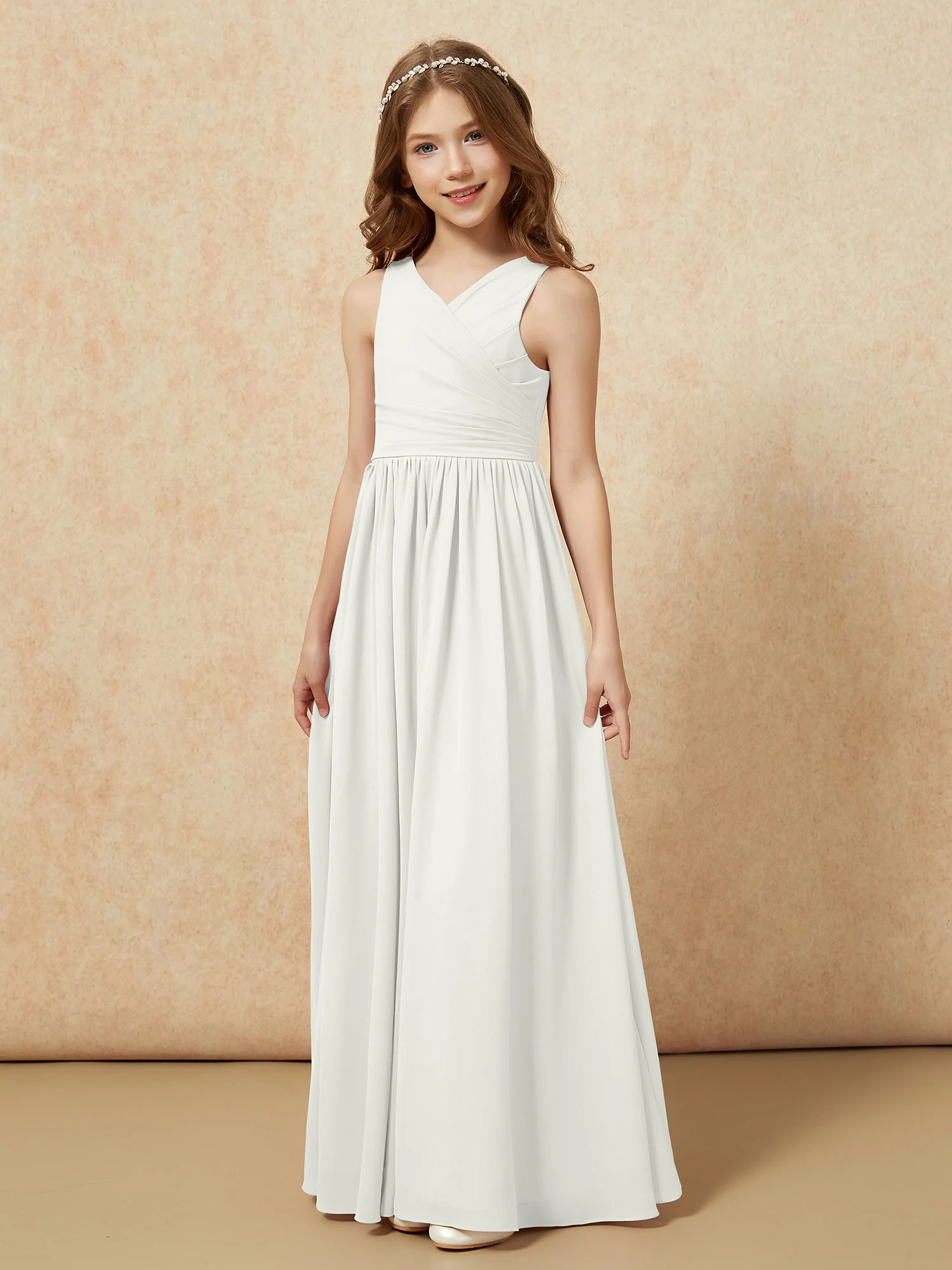 Pleated V-neck Chiffon Long Junior Bridesmaid Dresses Ivory - Image 3