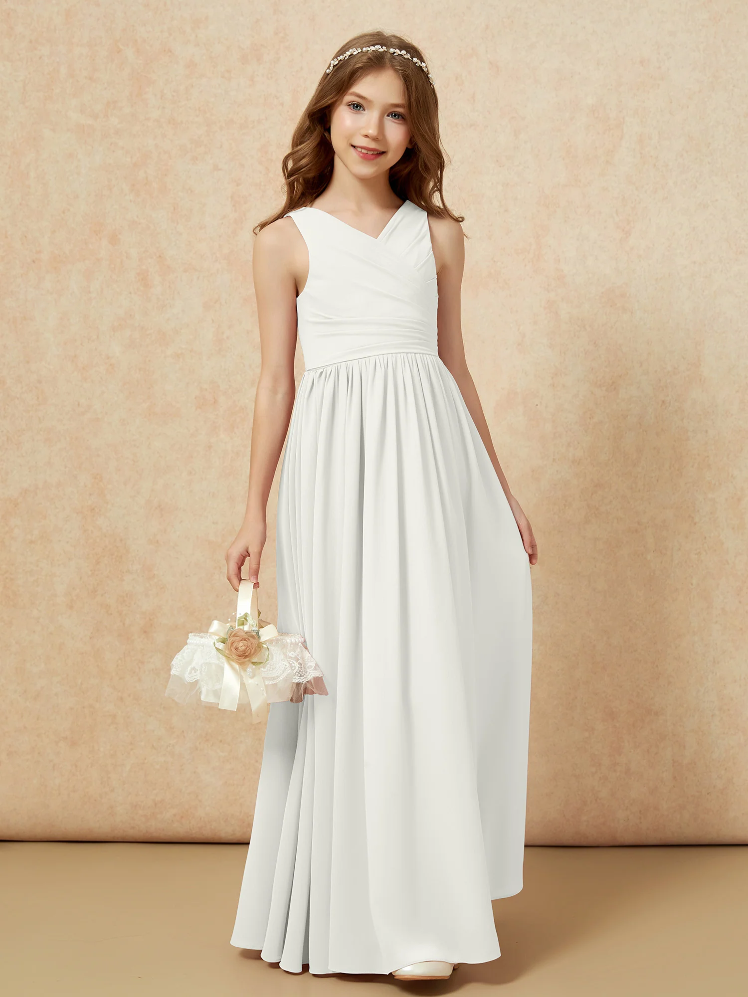 Pleated V-neck Chiffon Long Junior Bridesmaid Dresses Ivory - Image 4