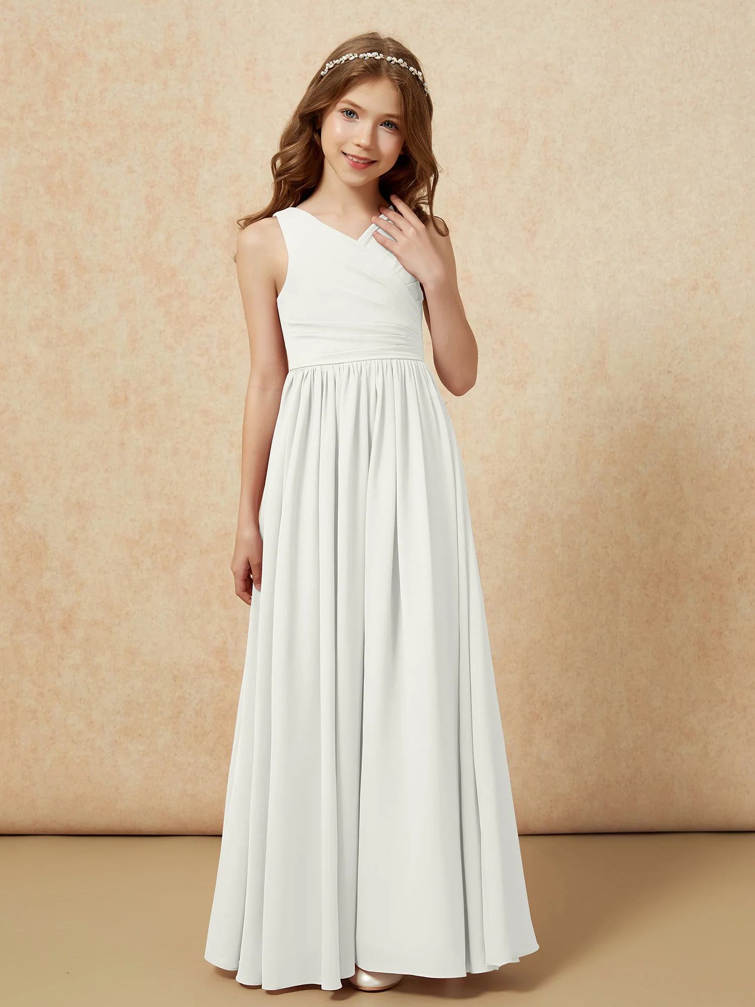 Pleated V-neck Chiffon Long Junior Bridesmaid Dresses Ivory - Image 5