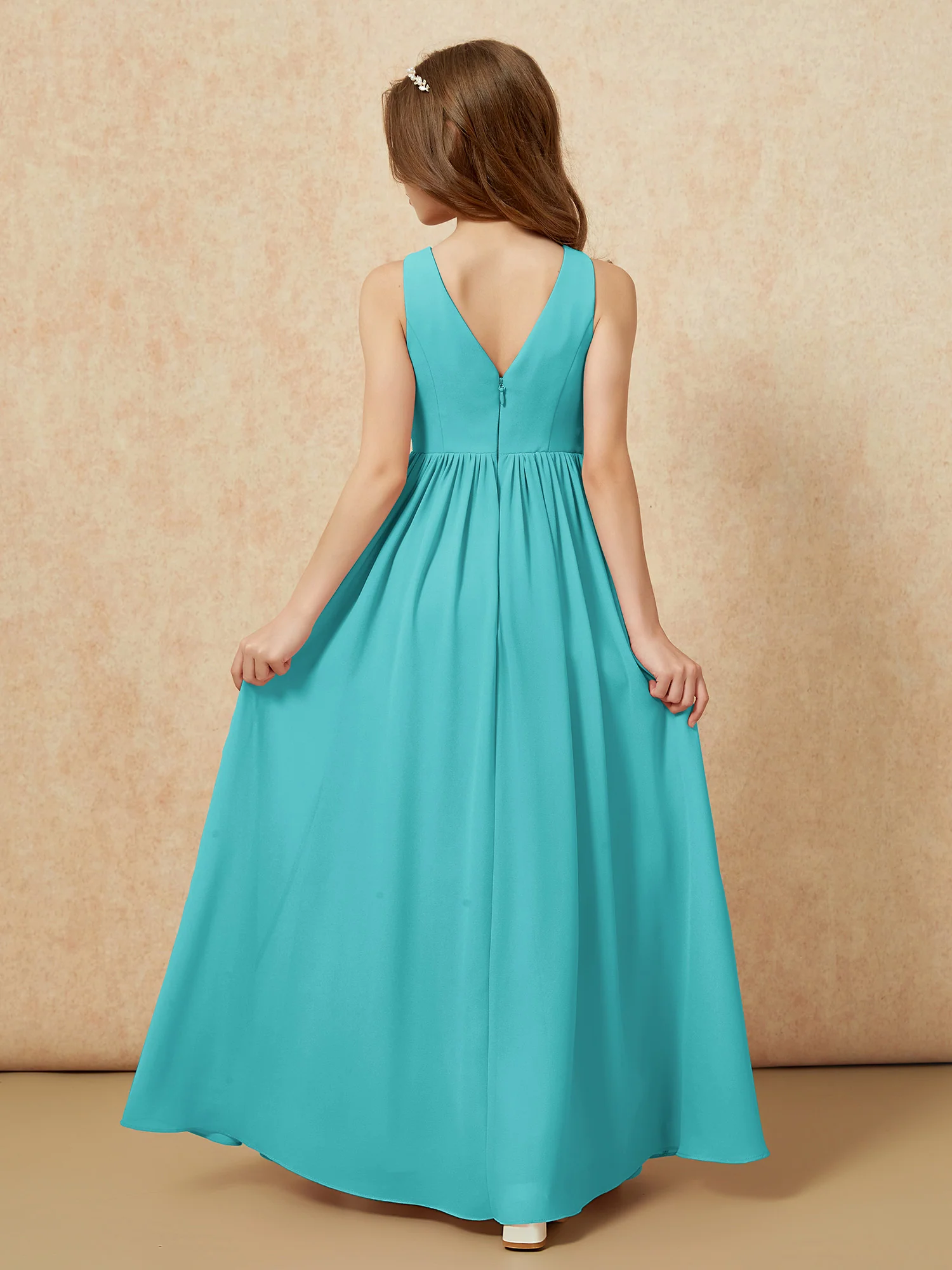 Pleated V-neck Chiffon Long Junior Bridesmaid Dresses Jade - Image 2