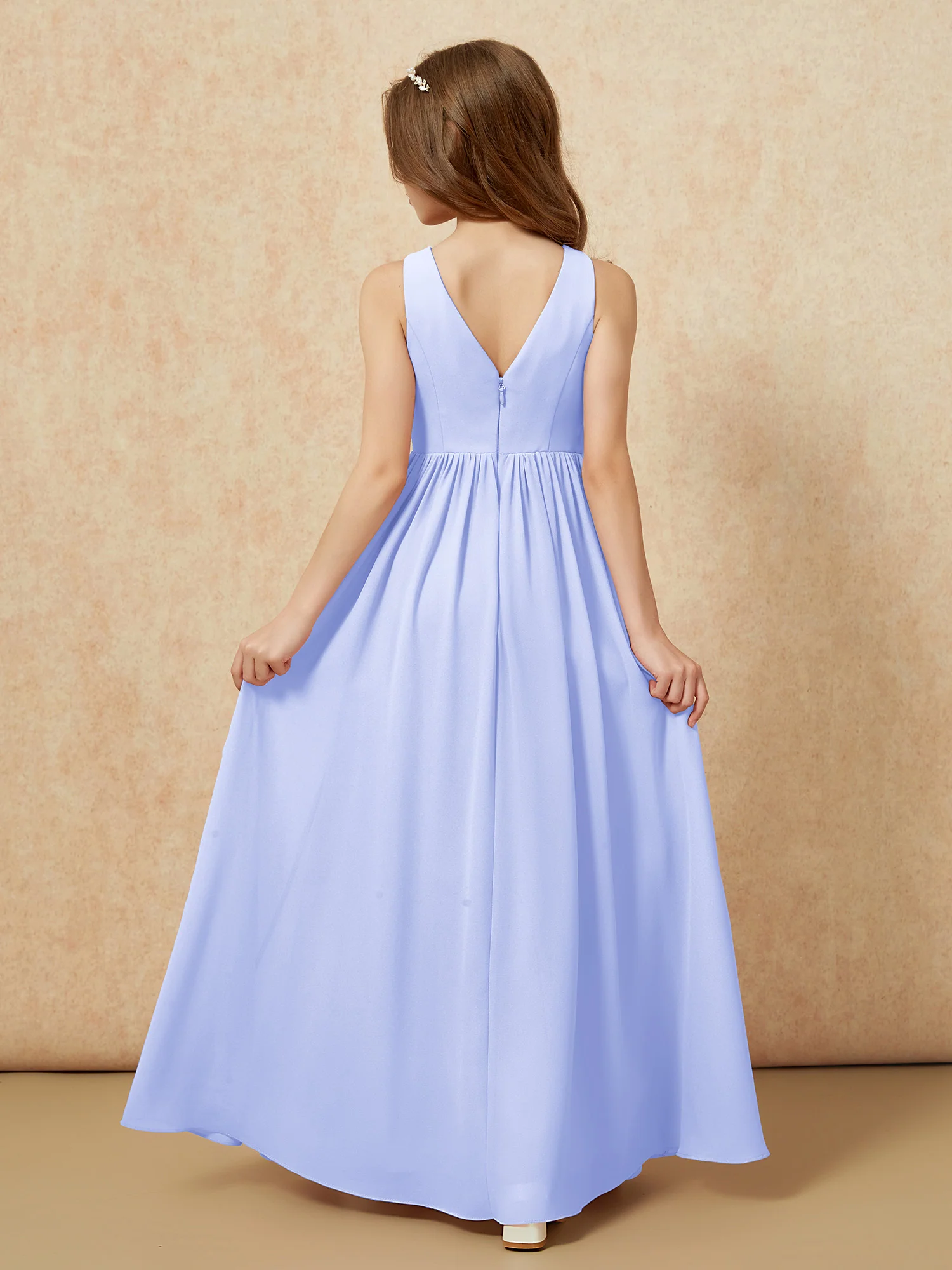 Pleated V-neck Chiffon Long Junior Bridesmaid Dresses Lavender - Image 2