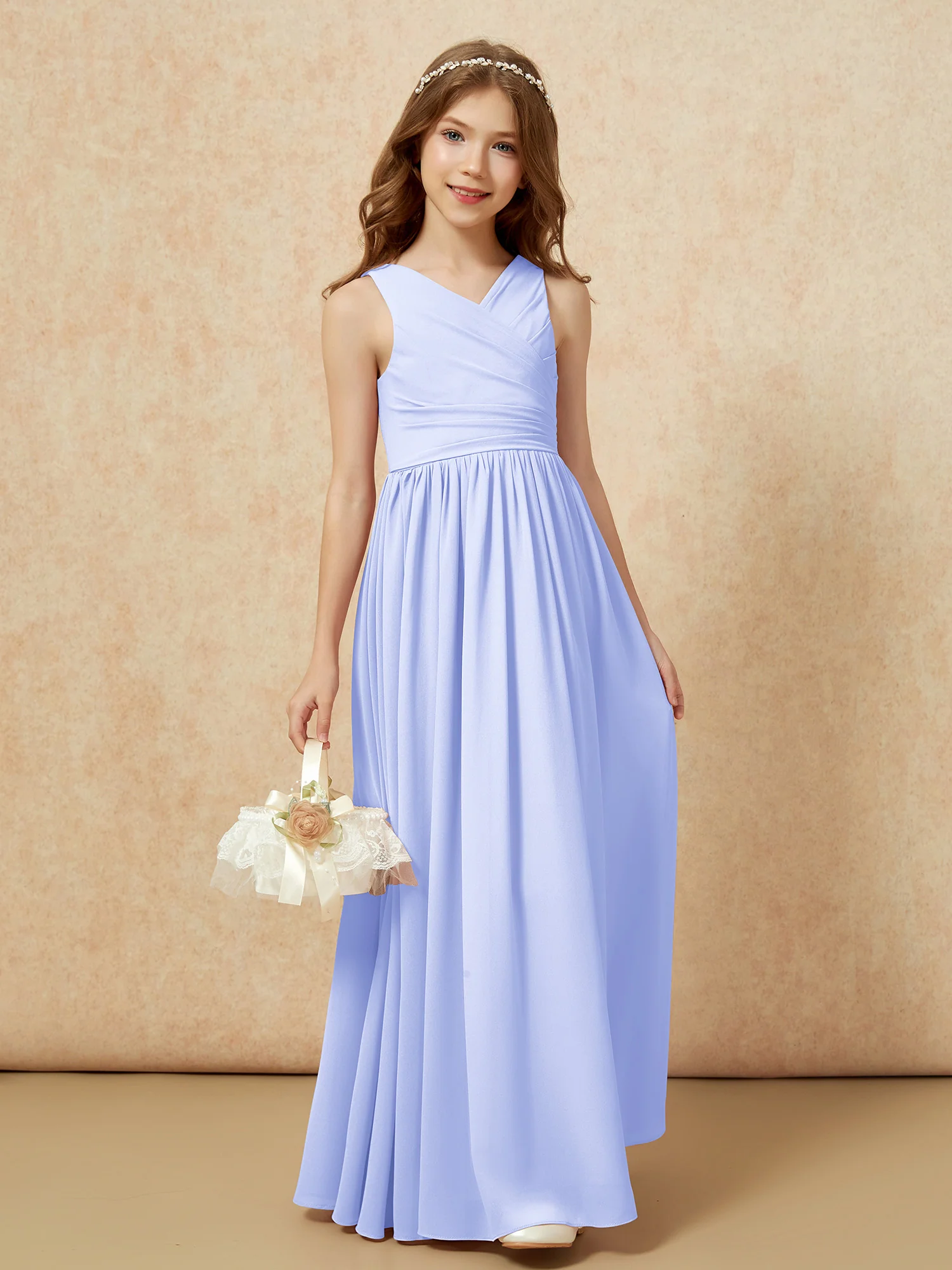 Pleated V-neck Chiffon Long Junior Bridesmaid Dresses Lavender - Image 4