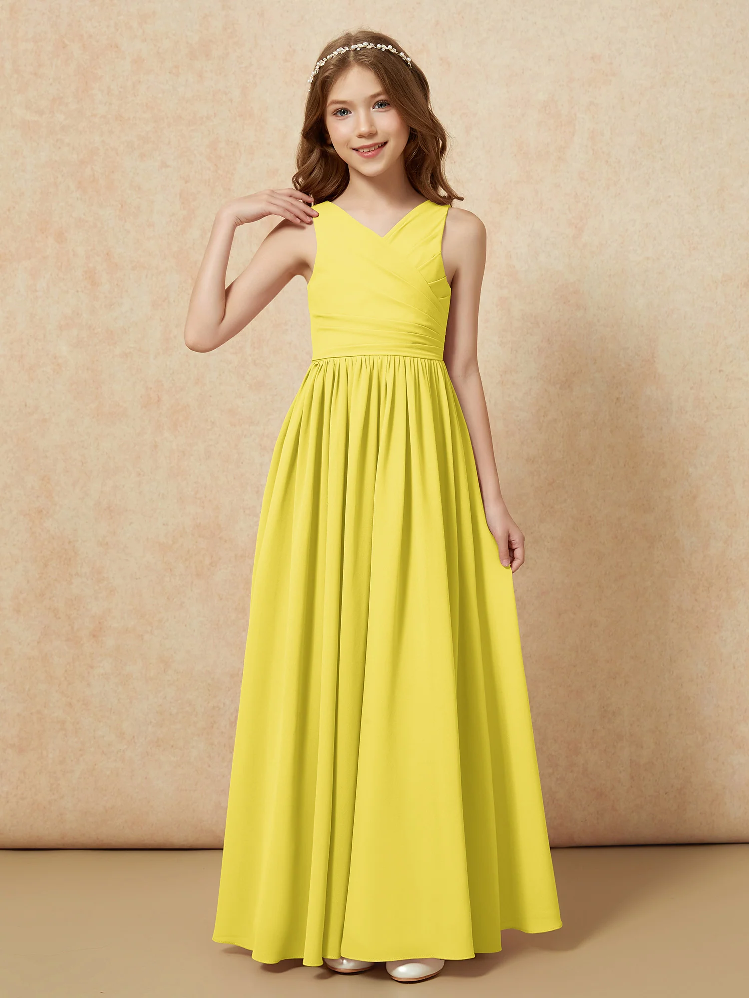 Pleated V-neck Chiffon Long Junior Bridesmaid Dresses Lemon