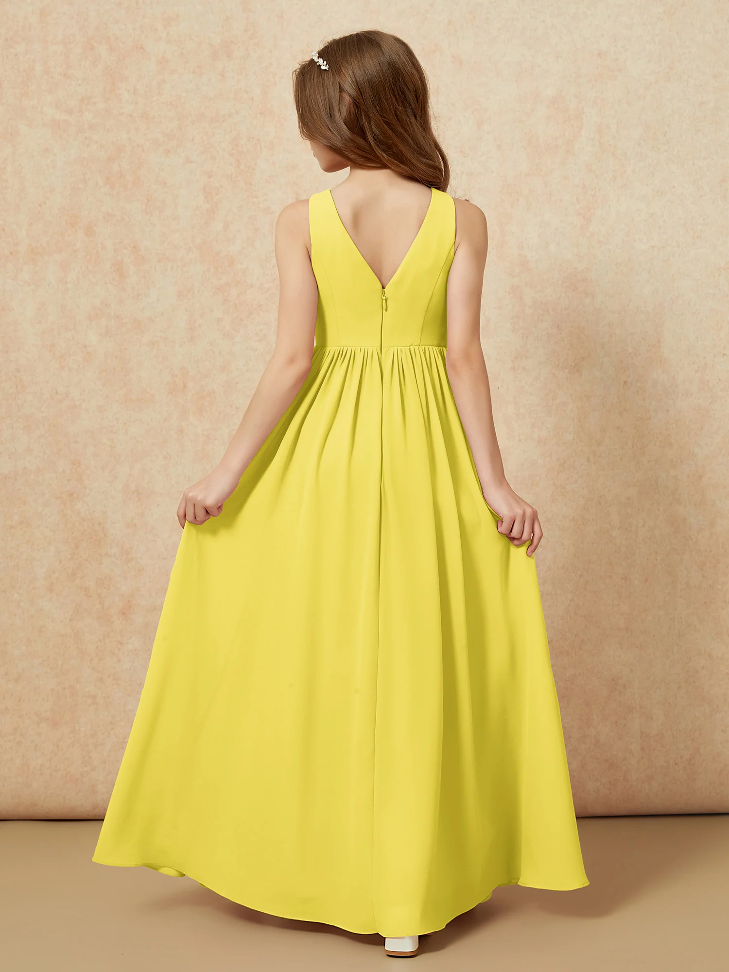 Pleated V-neck Chiffon Long Junior Bridesmaid Dresses Lemon - Image 2