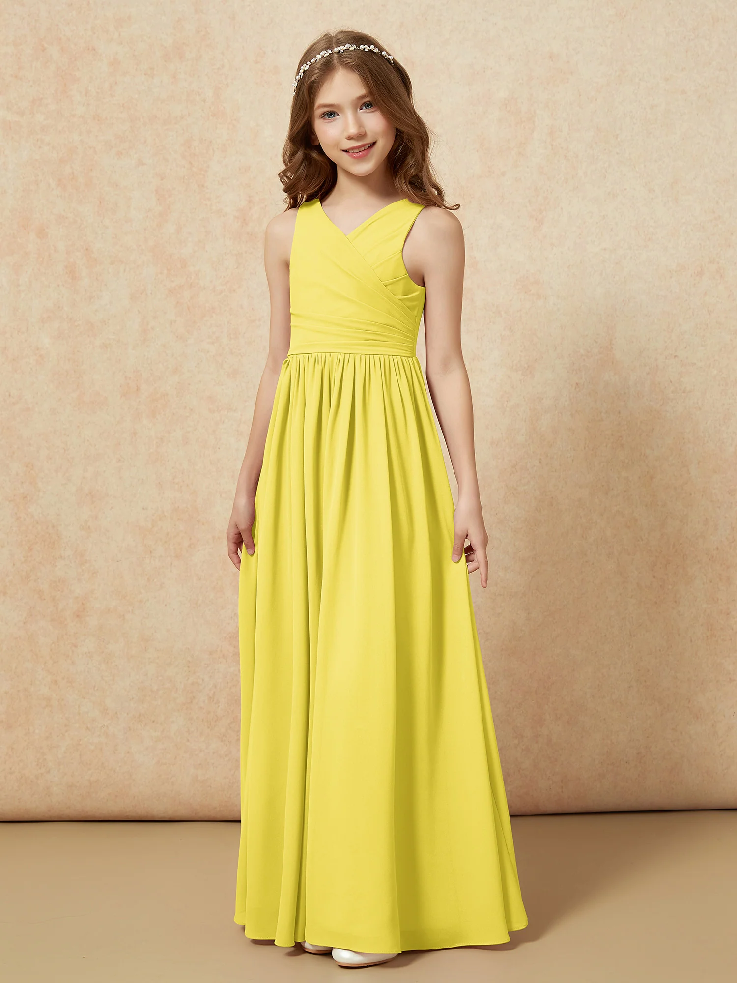Pleated V-neck Chiffon Long Junior Bridesmaid Dresses Lemon - Image 3