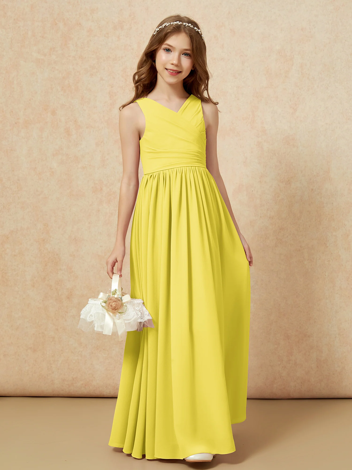 Pleated V-neck Chiffon Long Junior Bridesmaid Dresses Lemon - Image 4