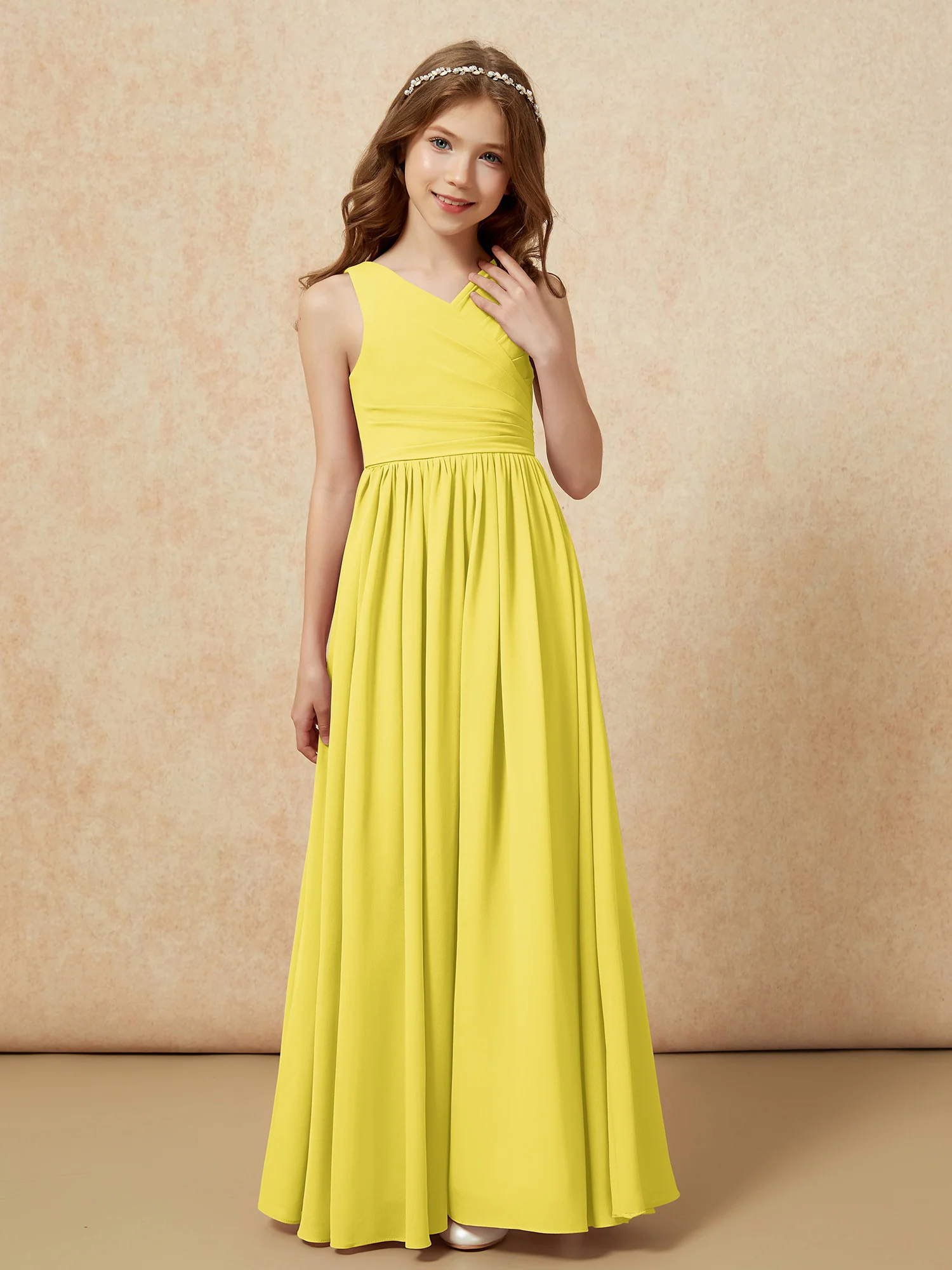 Pleated V-neck Chiffon Long Junior Bridesmaid Dresses Lemon - Image 5
