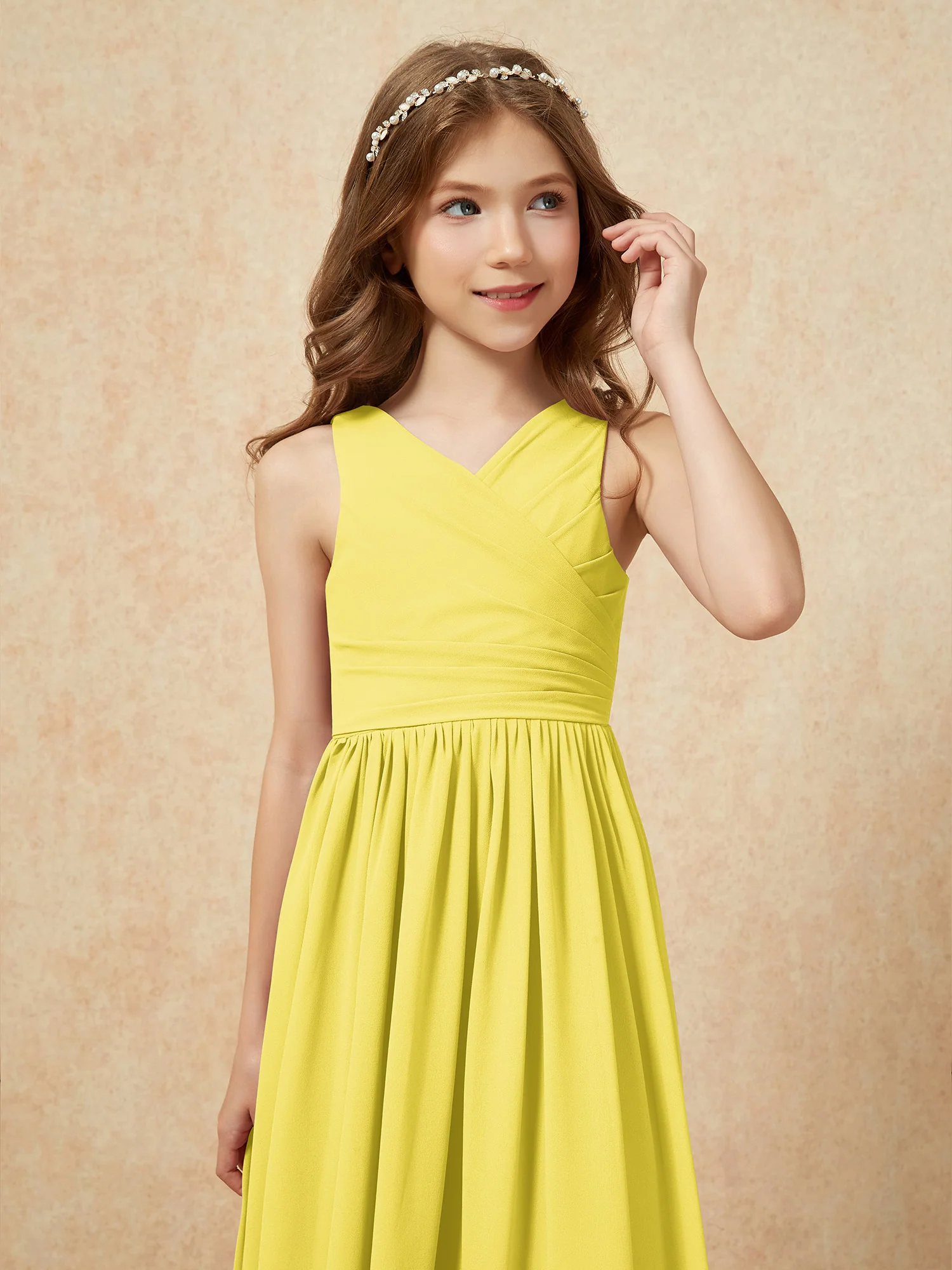 Pleated V-neck Chiffon Long Junior Bridesmaid Dresses Lemon - Image 6