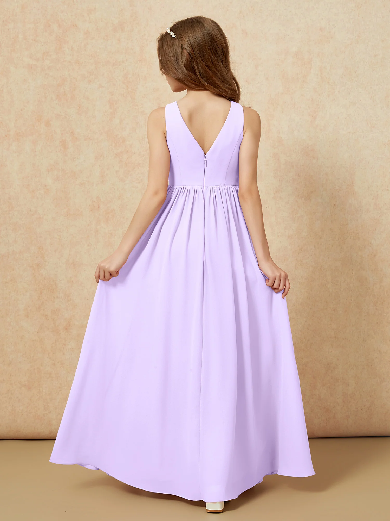 Pleated V-neck Chiffon Long Junior Bridesmaid Dresses Lilac - Image 2
