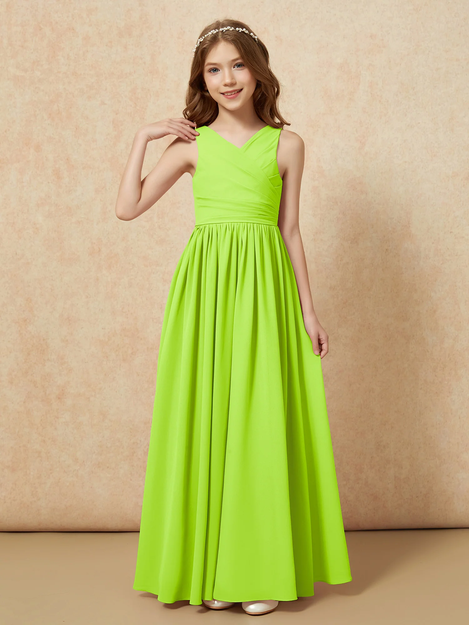 Pleated V-neck Chiffon Long Junior Bridesmaid Dresses Lime Green