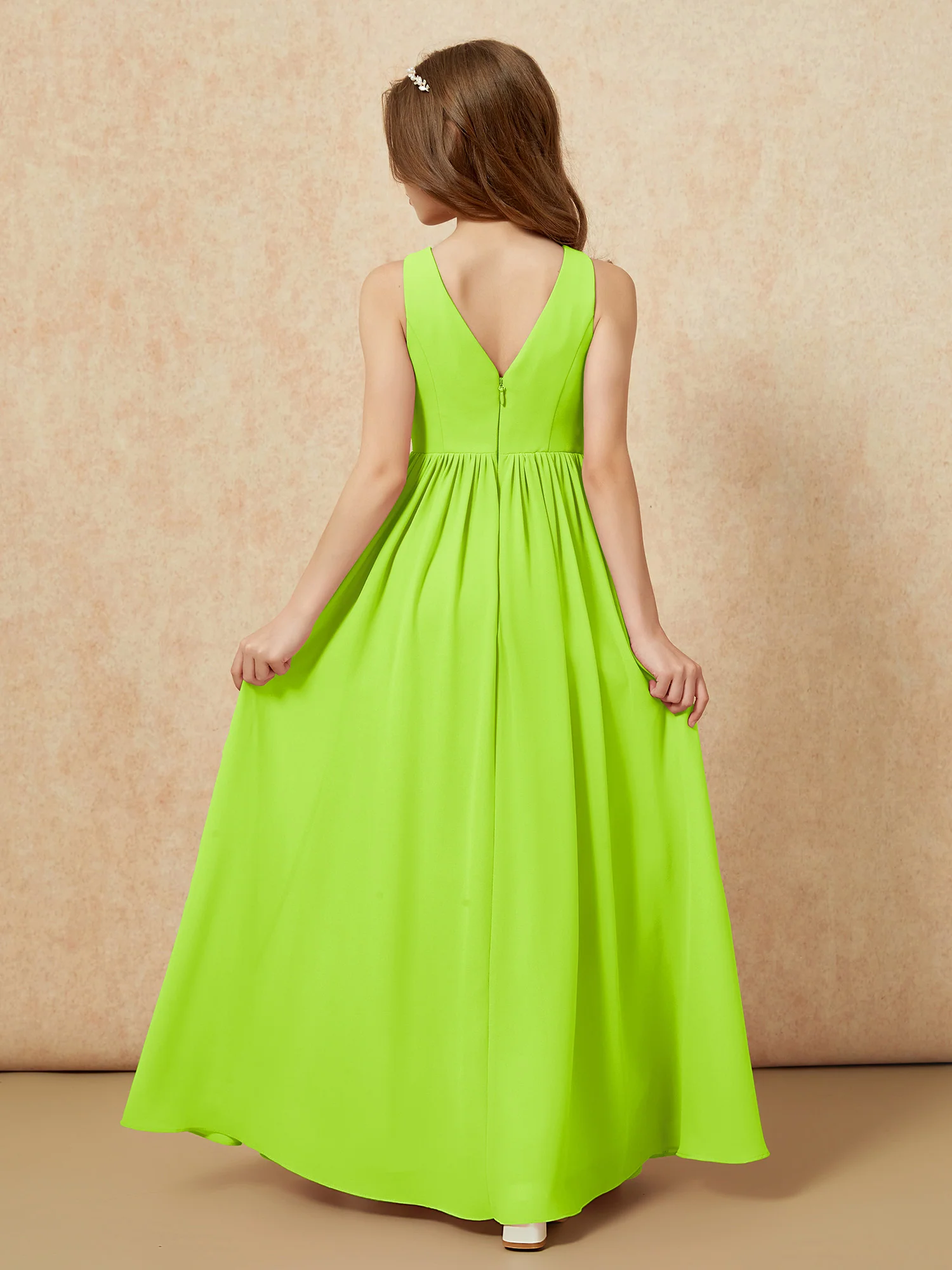 Pleated V-neck Chiffon Long Junior Bridesmaid Dresses Lime Green - Image 2