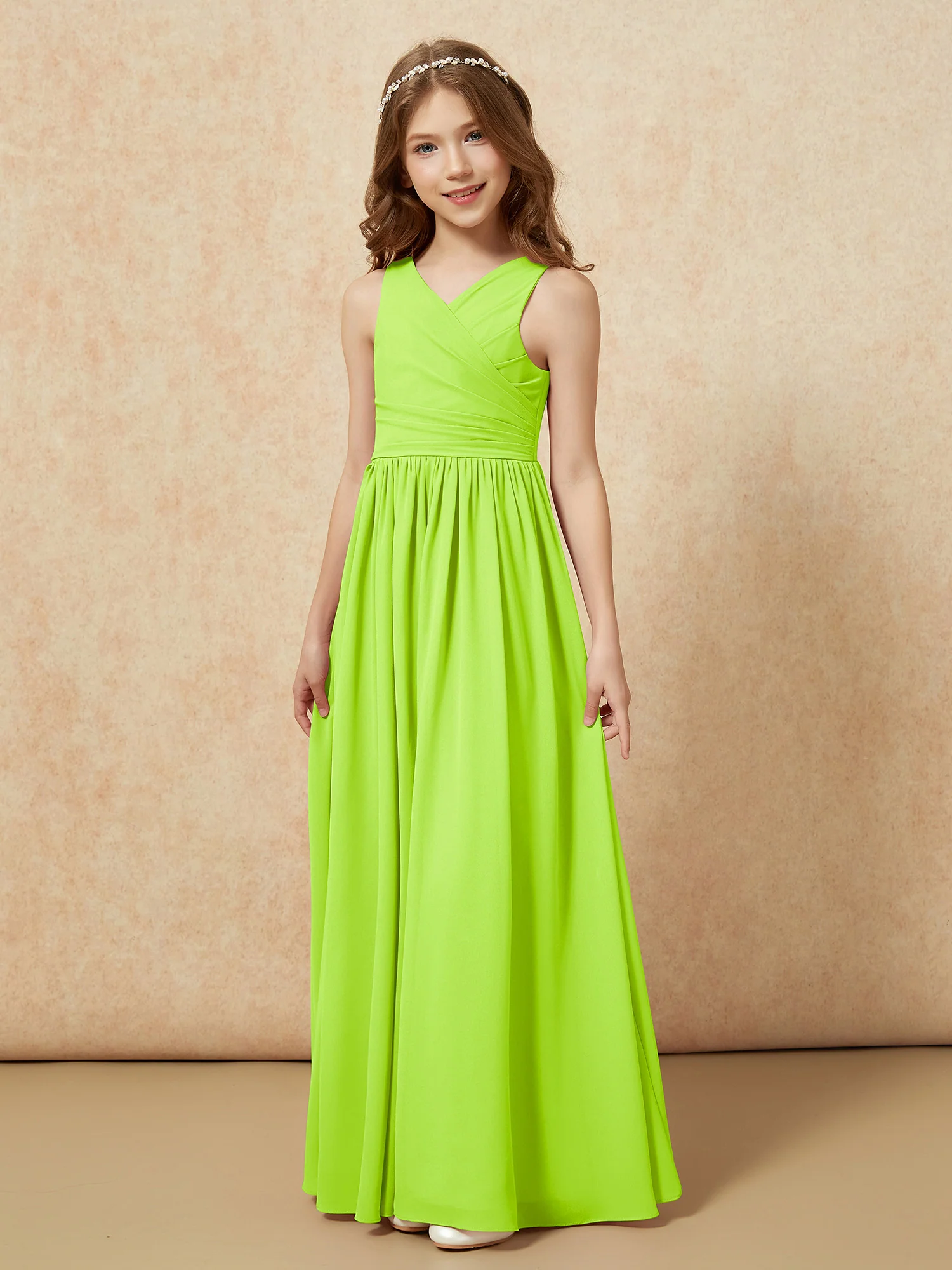 Pleated V-neck Chiffon Long Junior Bridesmaid Dresses Lime Green - Image 3