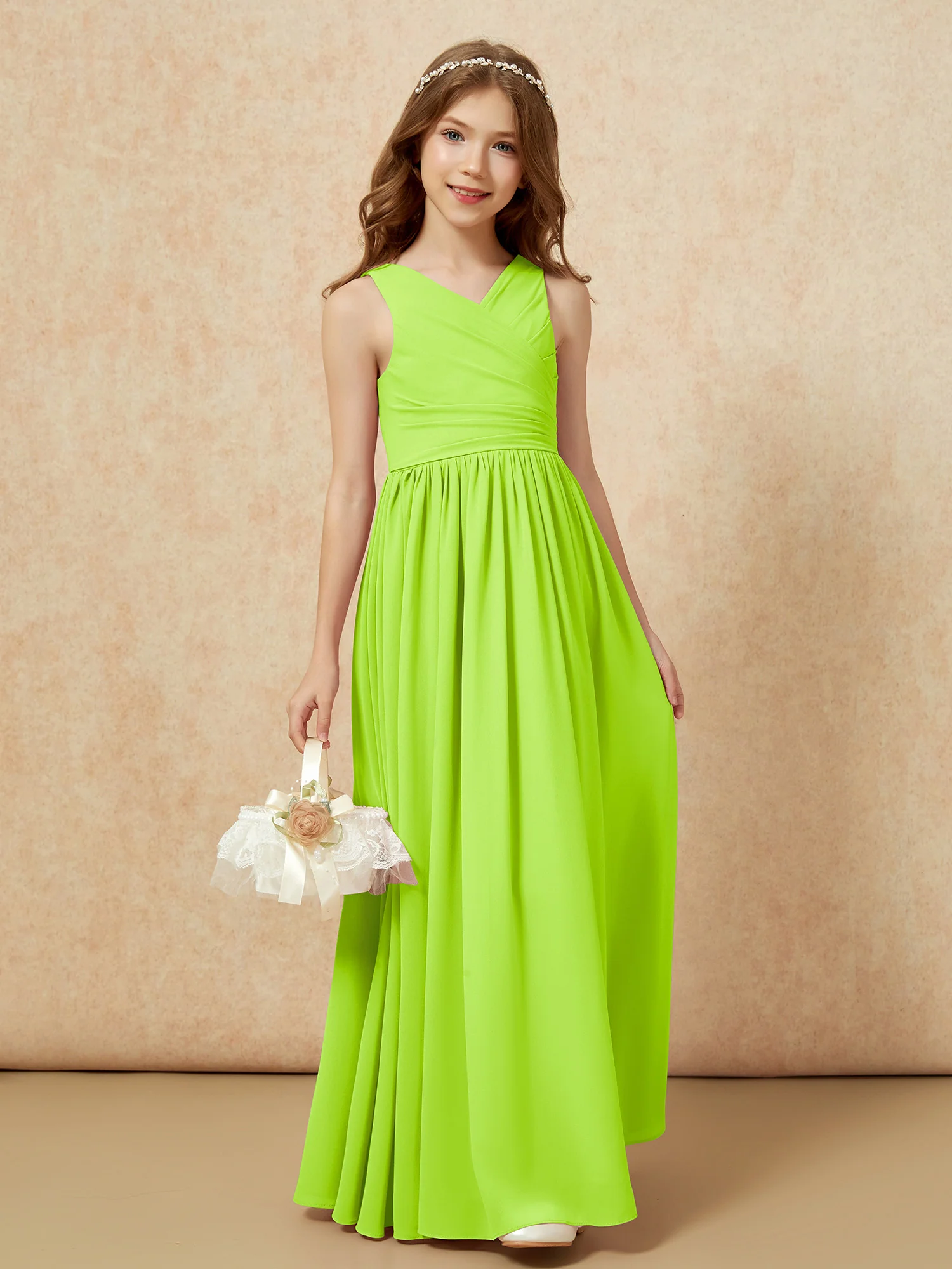 Pleated V-neck Chiffon Long Junior Bridesmaid Dresses Lime Green - Image 4