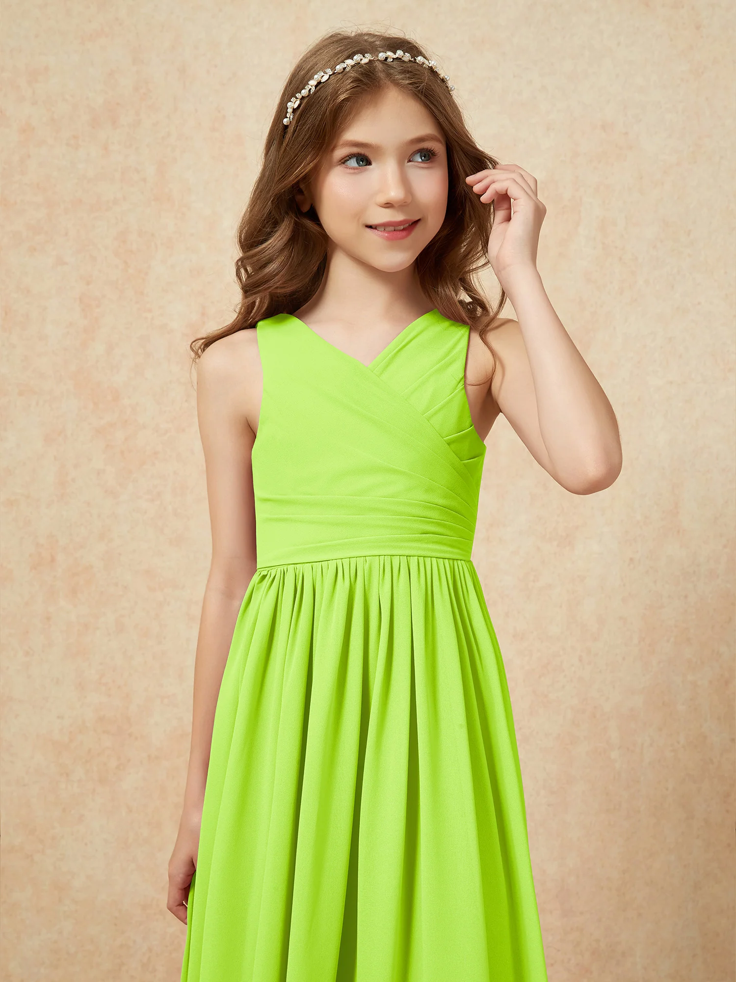 Pleated V-neck Chiffon Long Junior Bridesmaid Dresses Lime Green - Image 6