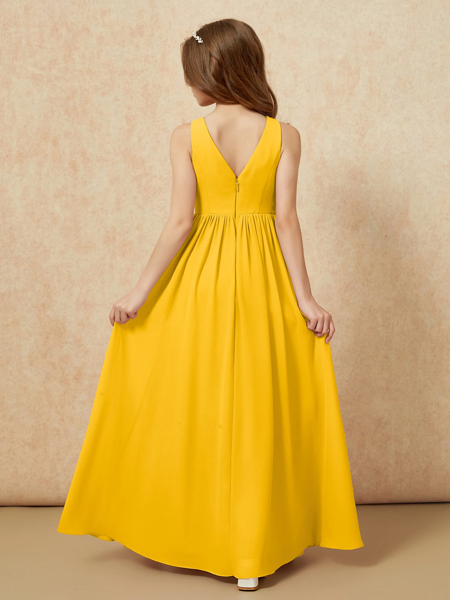 Pleated V-neck Chiffon Long Junior Bridesmaid Dresses Marigold - Image 2
