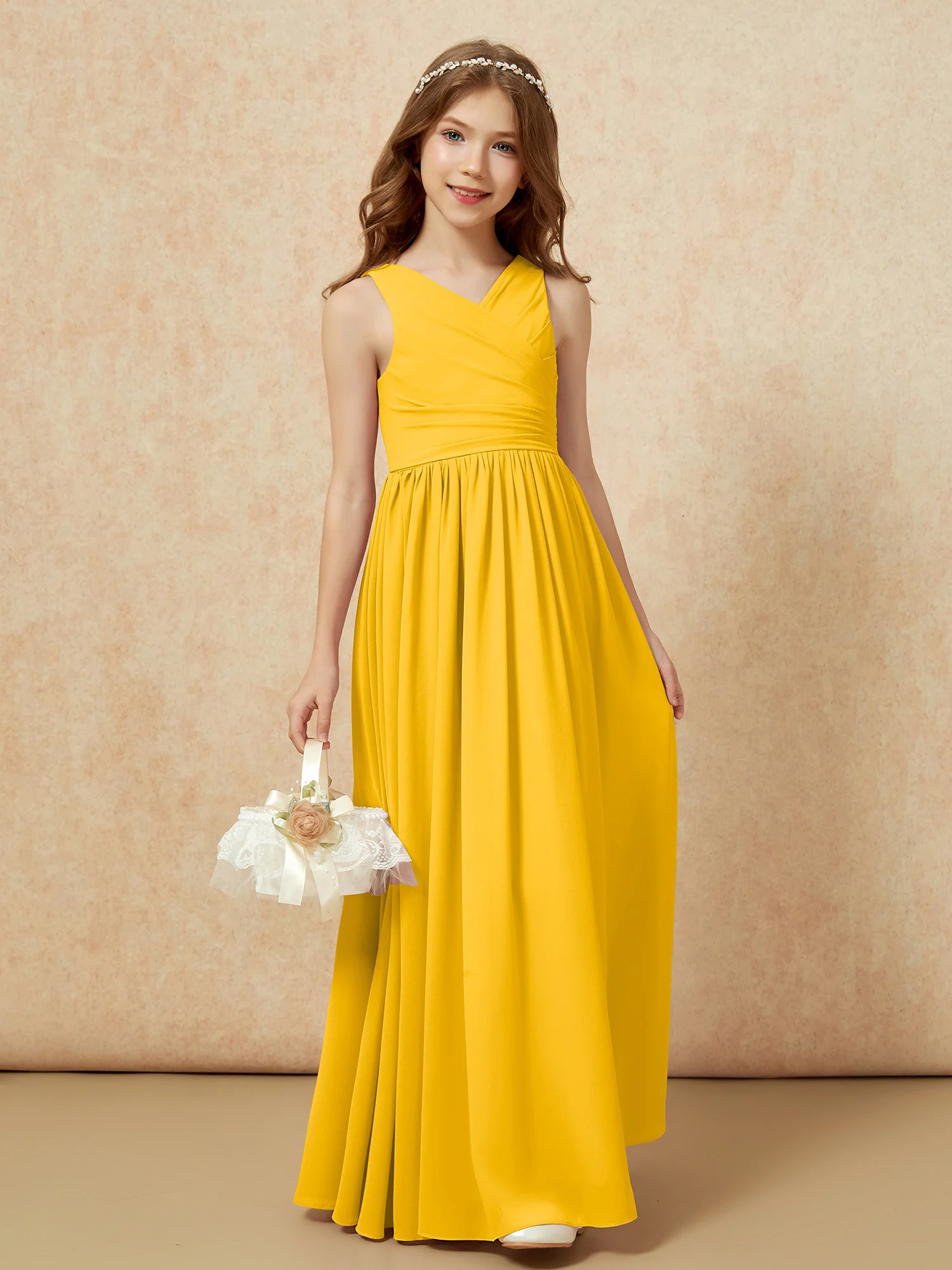 Pleated V-neck Chiffon Long Junior Bridesmaid Dresses Marigold - Image 4