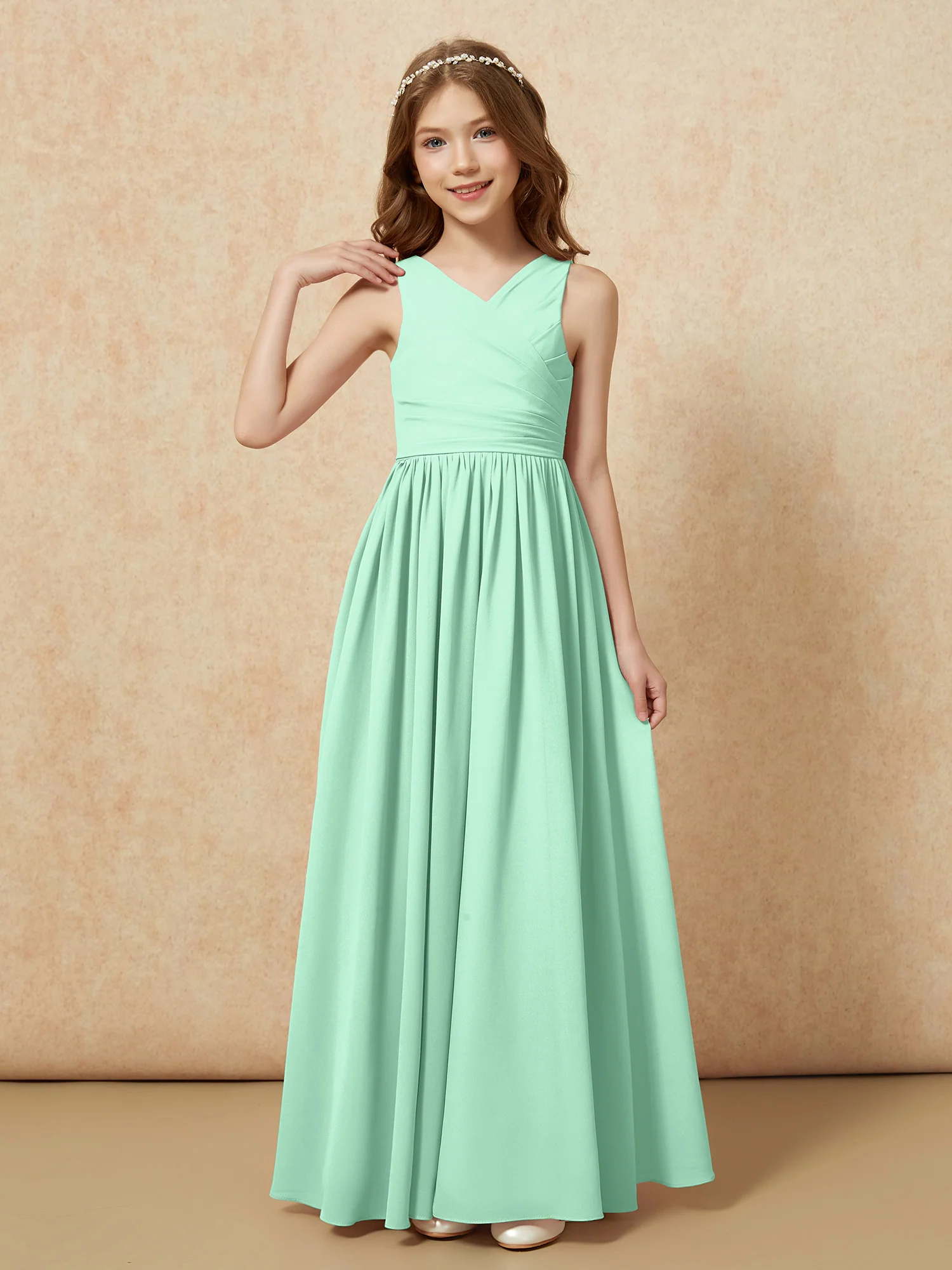 Pleated V-neck Chiffon Long Junior Bridesmaid Dresses Mint Green