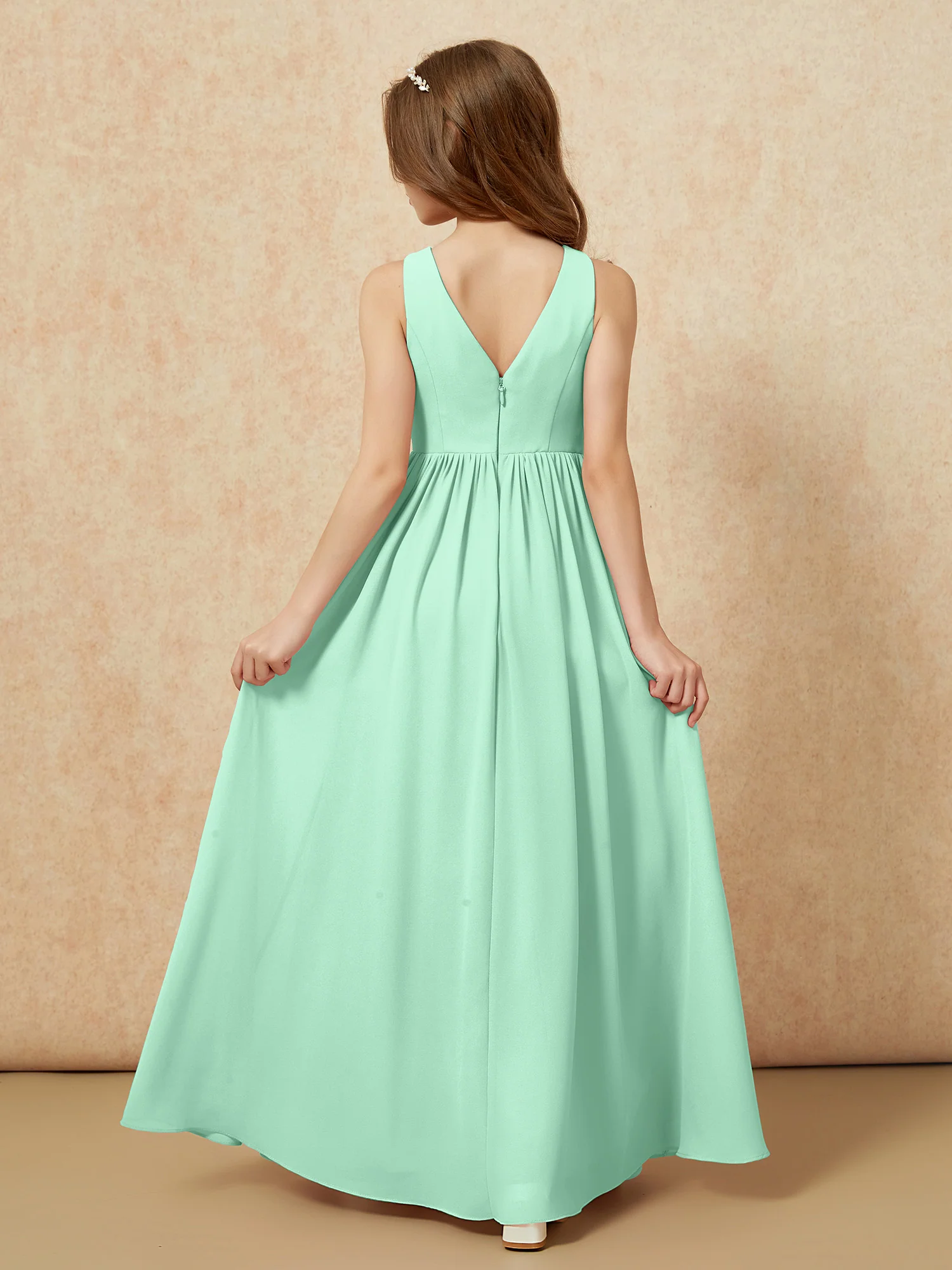 Pleated V-neck Chiffon Long Junior Bridesmaid Dresses Mint Green - Image 2