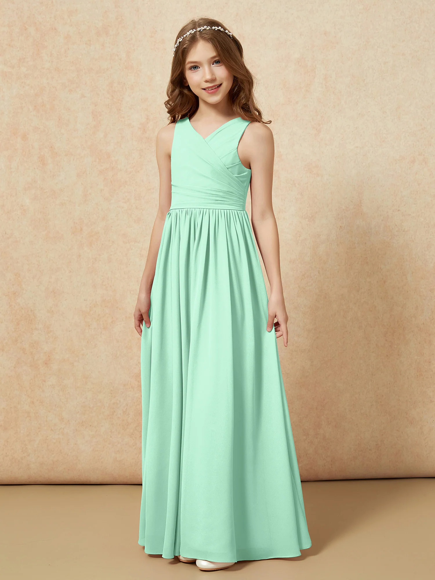 Pleated V-neck Chiffon Long Junior Bridesmaid Dresses Mint Green - Image 3