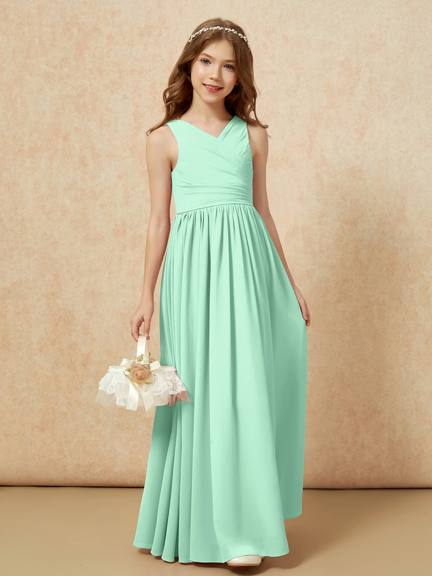 Pleated V-neck Chiffon Long Junior Bridesmaid Dresses Mint Green - Image 4