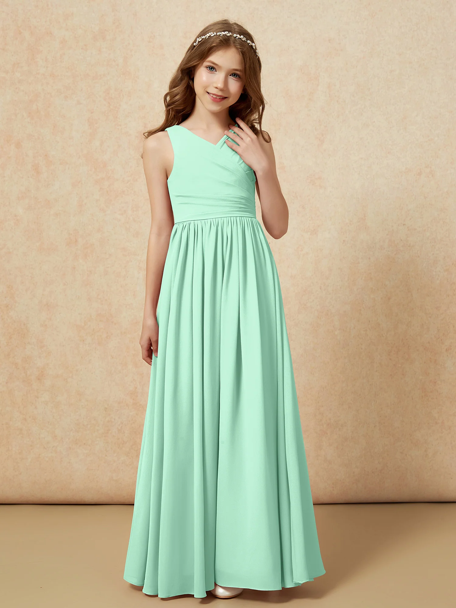 Pleated V-neck Chiffon Long Junior Bridesmaid Dresses Mint Green - Image 5