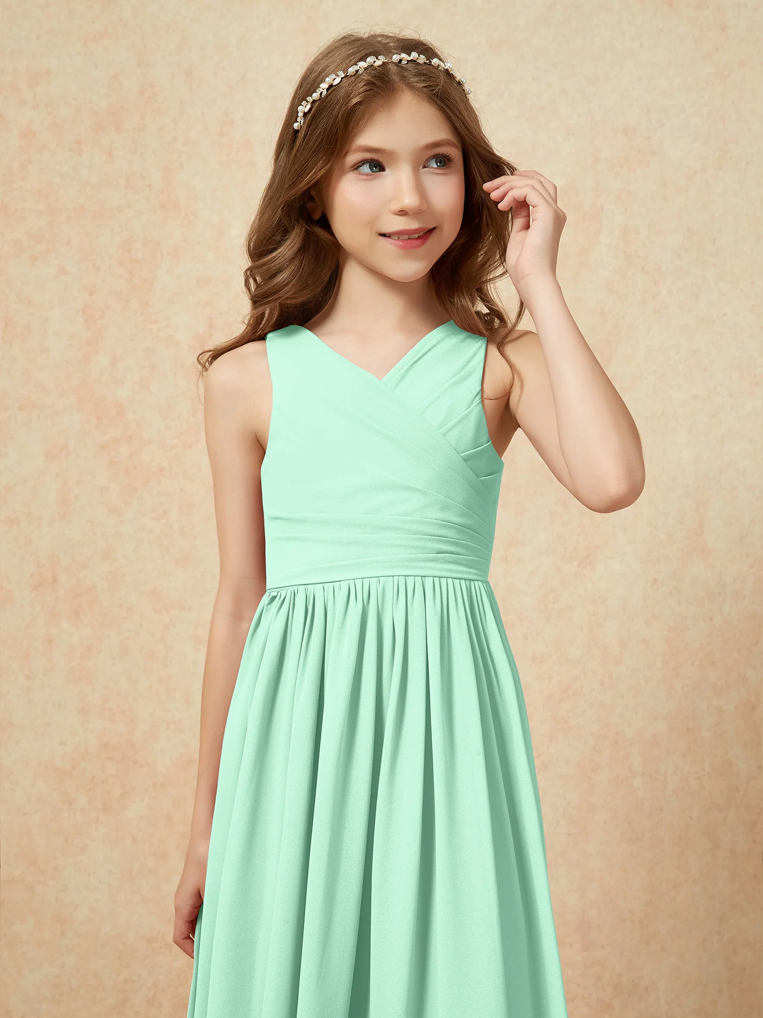 Pleated V-neck Chiffon Long Junior Bridesmaid Dresses Mint Green - Image 6