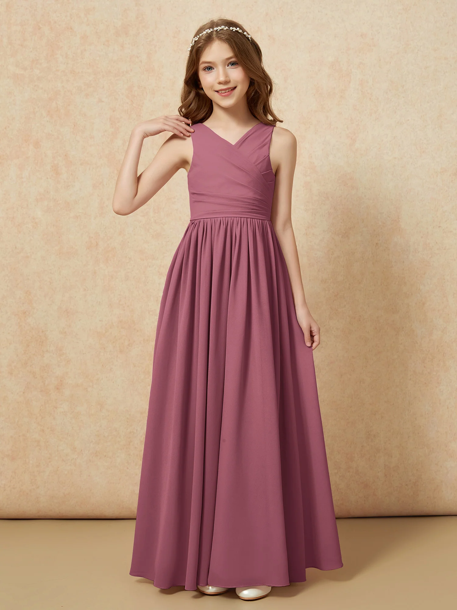 Pleated V-neck Chiffon Long Junior Bridesmaid Dresses Mulberry