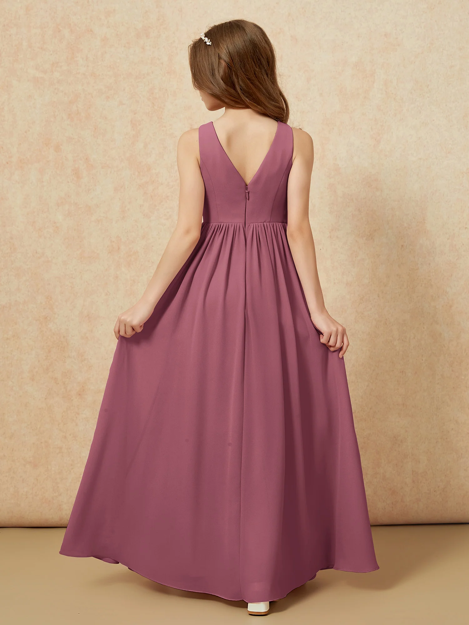 Pleated V-neck Chiffon Long Junior Bridesmaid Dresses Mulberry - Image 2
