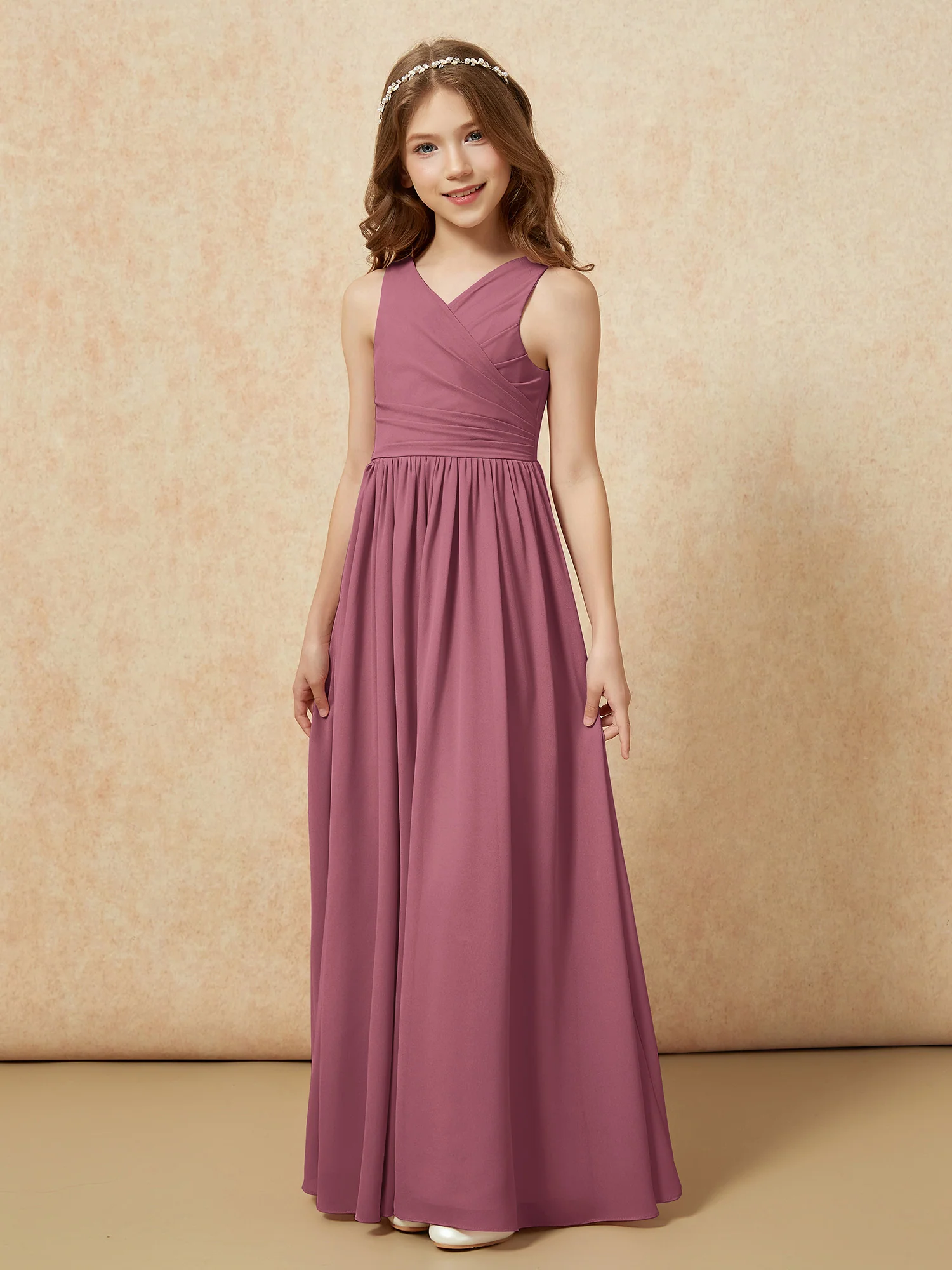 Pleated V-neck Chiffon Long Junior Bridesmaid Dresses Mulberry - Image 3