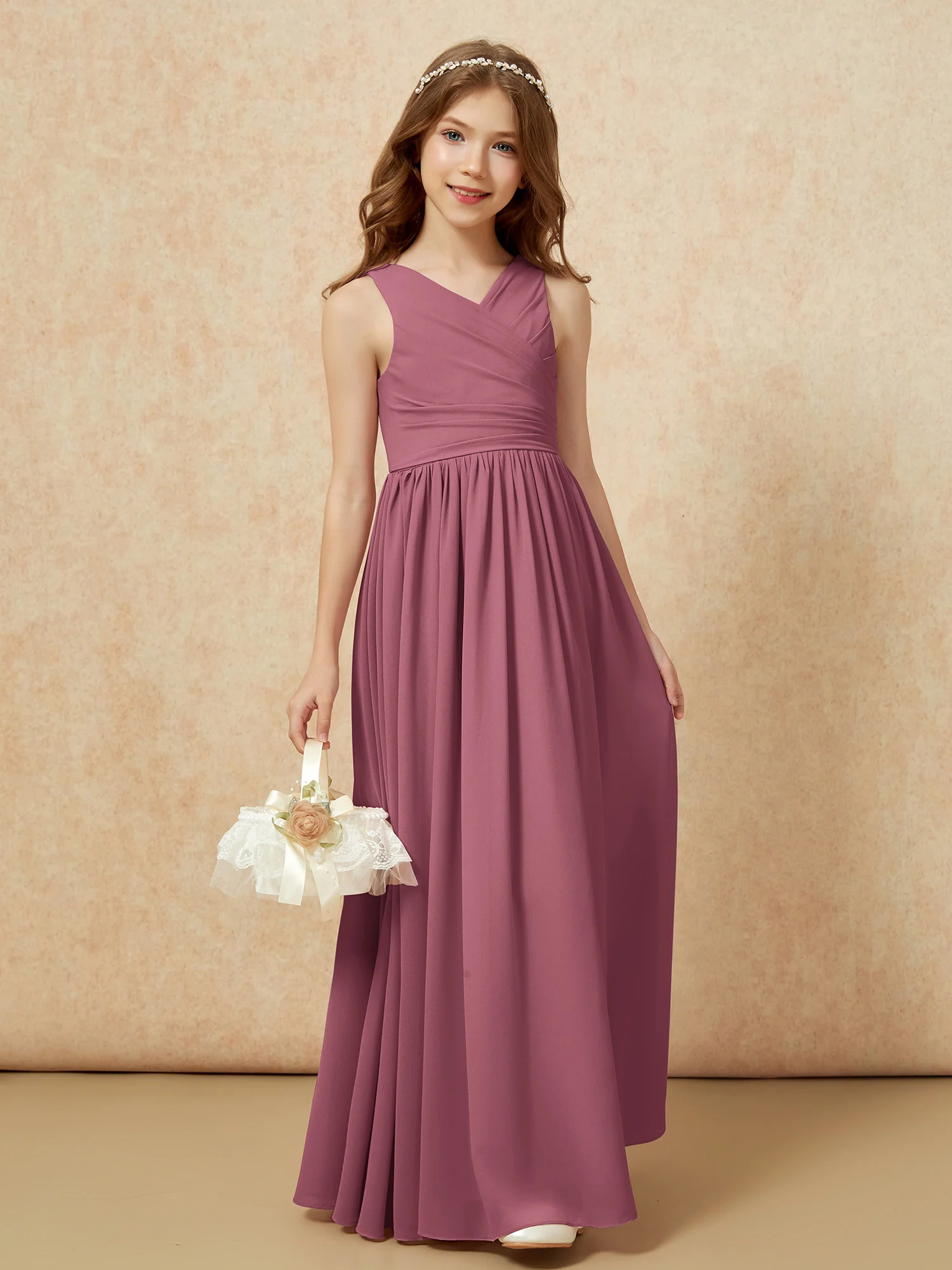 Pleated V-neck Chiffon Long Junior Bridesmaid Dresses Mulberry - Image 4