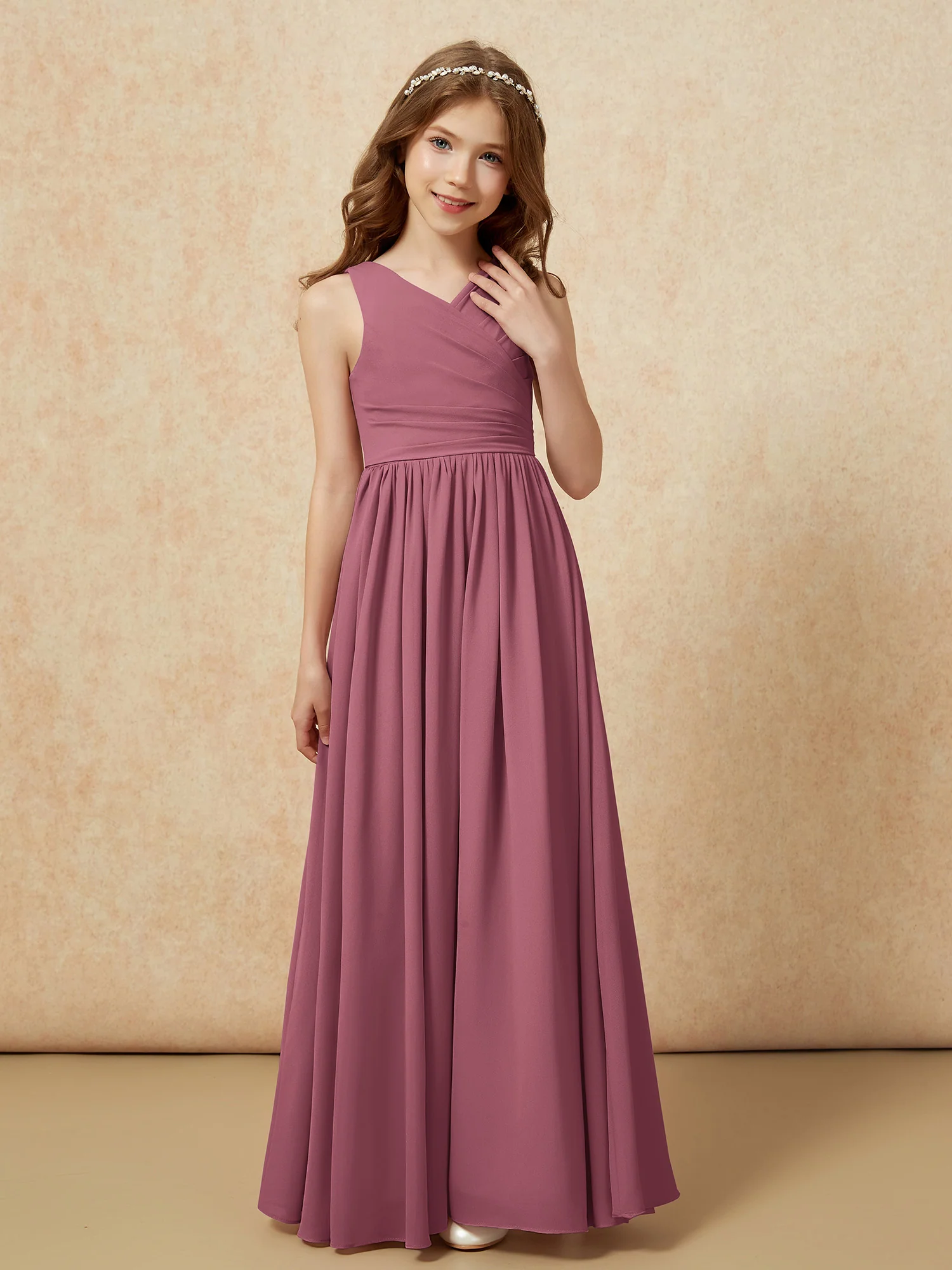 Pleated V-neck Chiffon Long Junior Bridesmaid Dresses Mulberry - Image 5