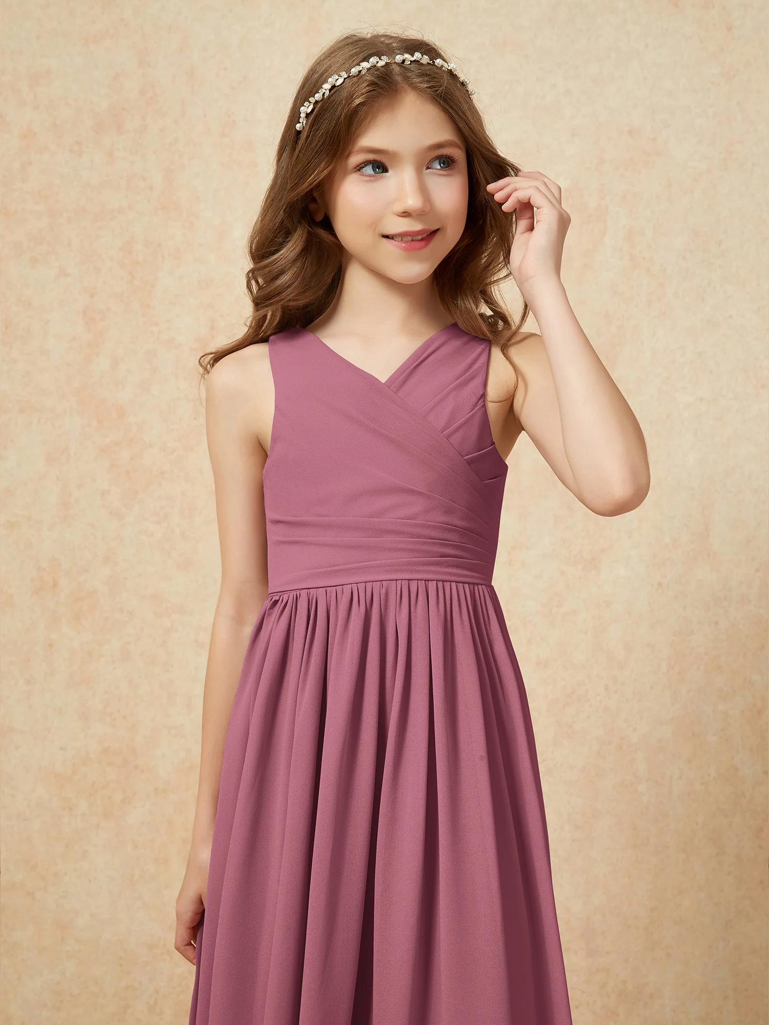 Pleated V-neck Chiffon Long Junior Bridesmaid Dresses Mulberry - Image 6