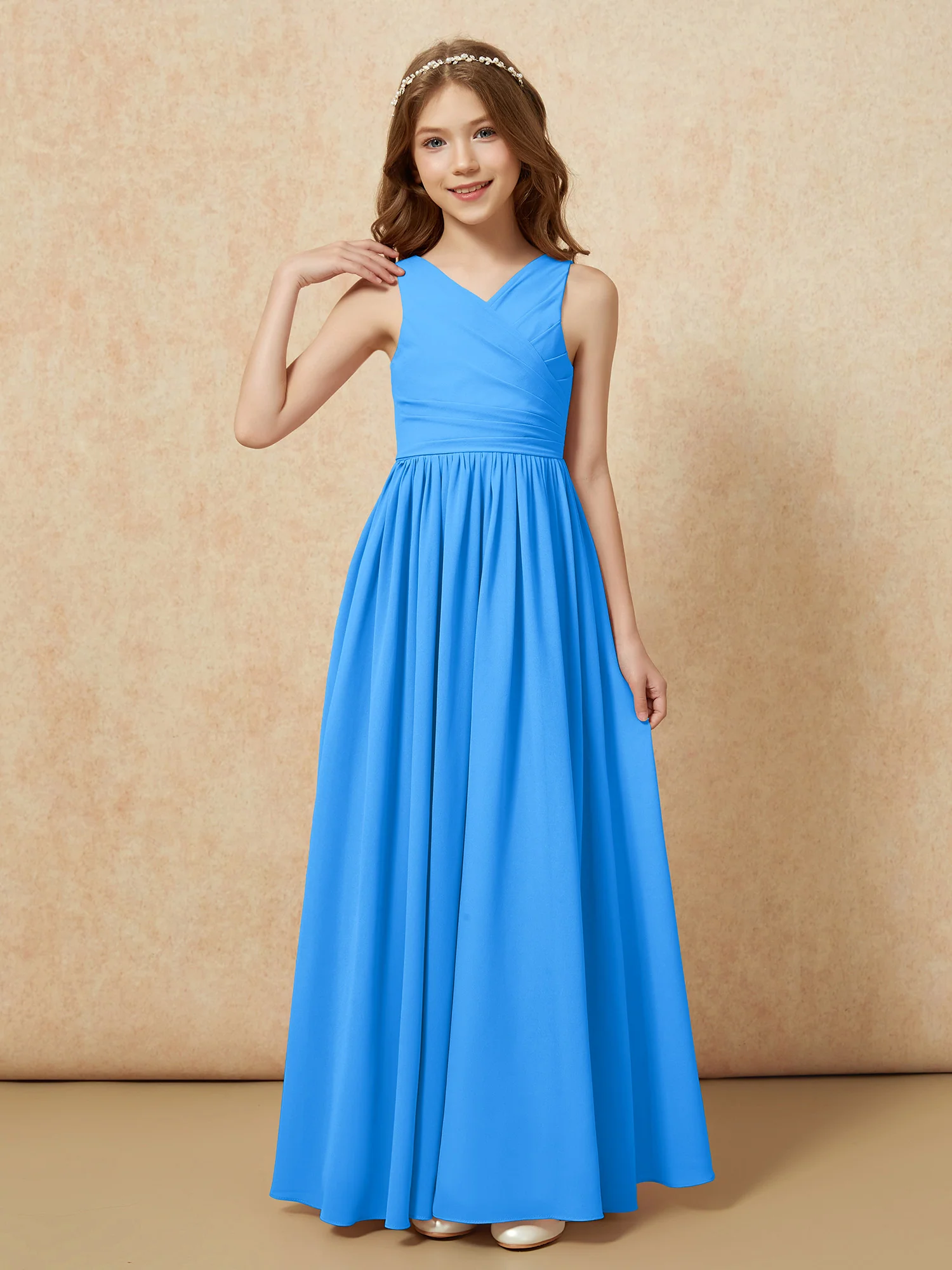 Pleated V-neck Chiffon Long Junior Bridesmaid Dresses Ocean Blue