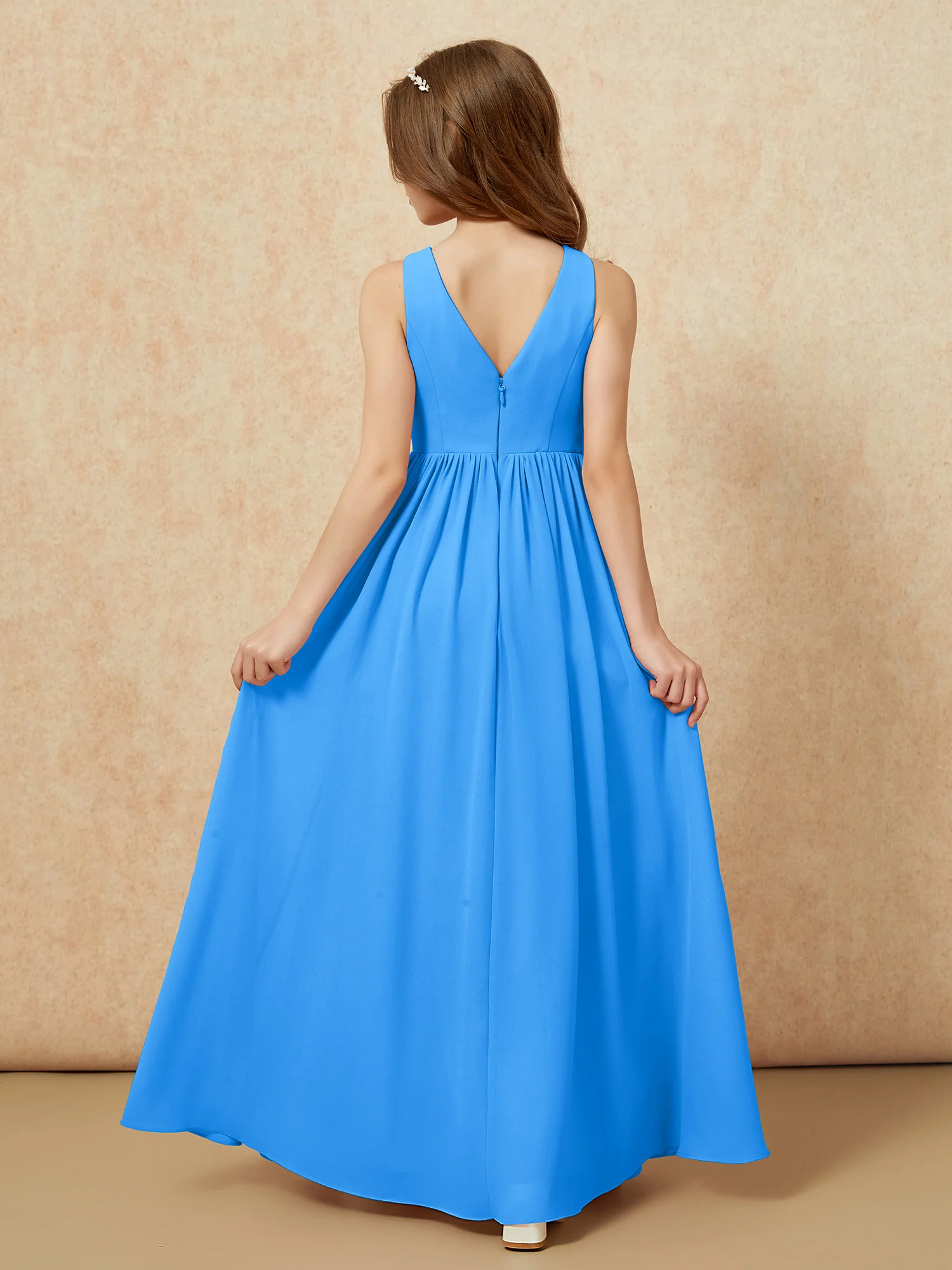 Pleated V-neck Chiffon Long Junior Bridesmaid Dresses Ocean Blue - Image 2