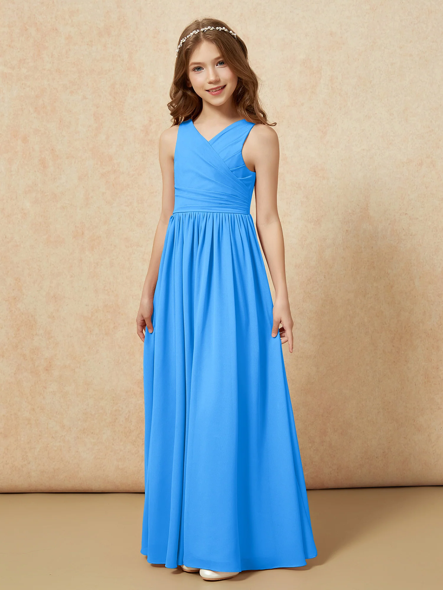 Pleated V-neck Chiffon Long Junior Bridesmaid Dresses Ocean Blue - Image 3