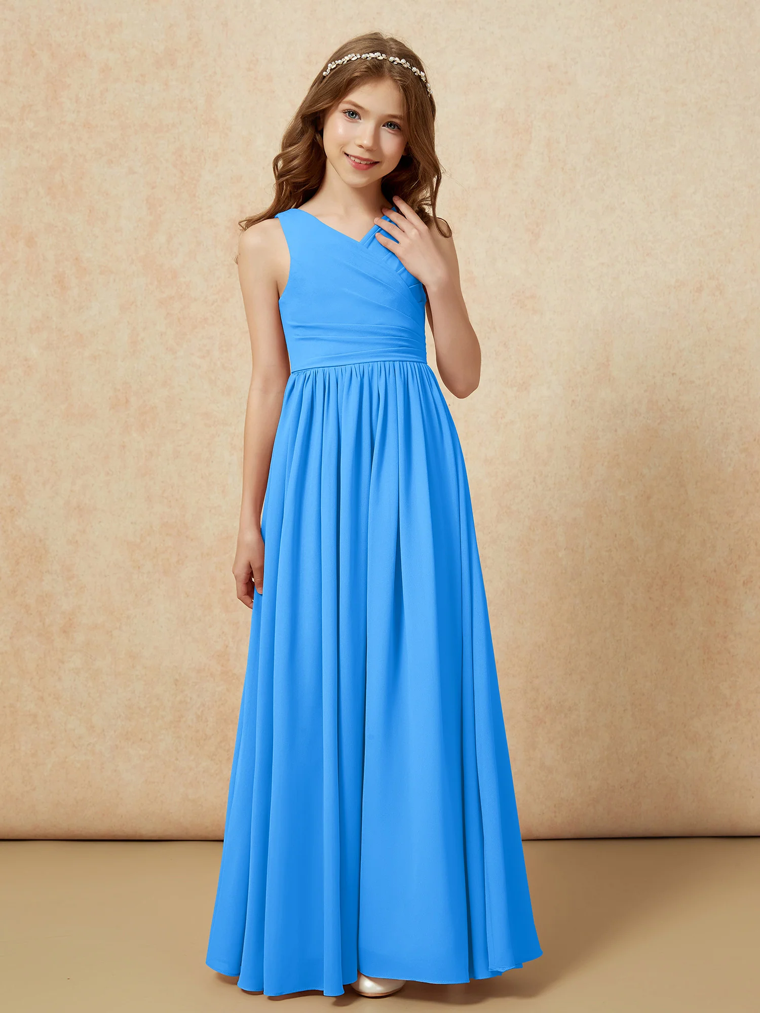 Pleated V-neck Chiffon Long Junior Bridesmaid Dresses Ocean Blue - Image 5