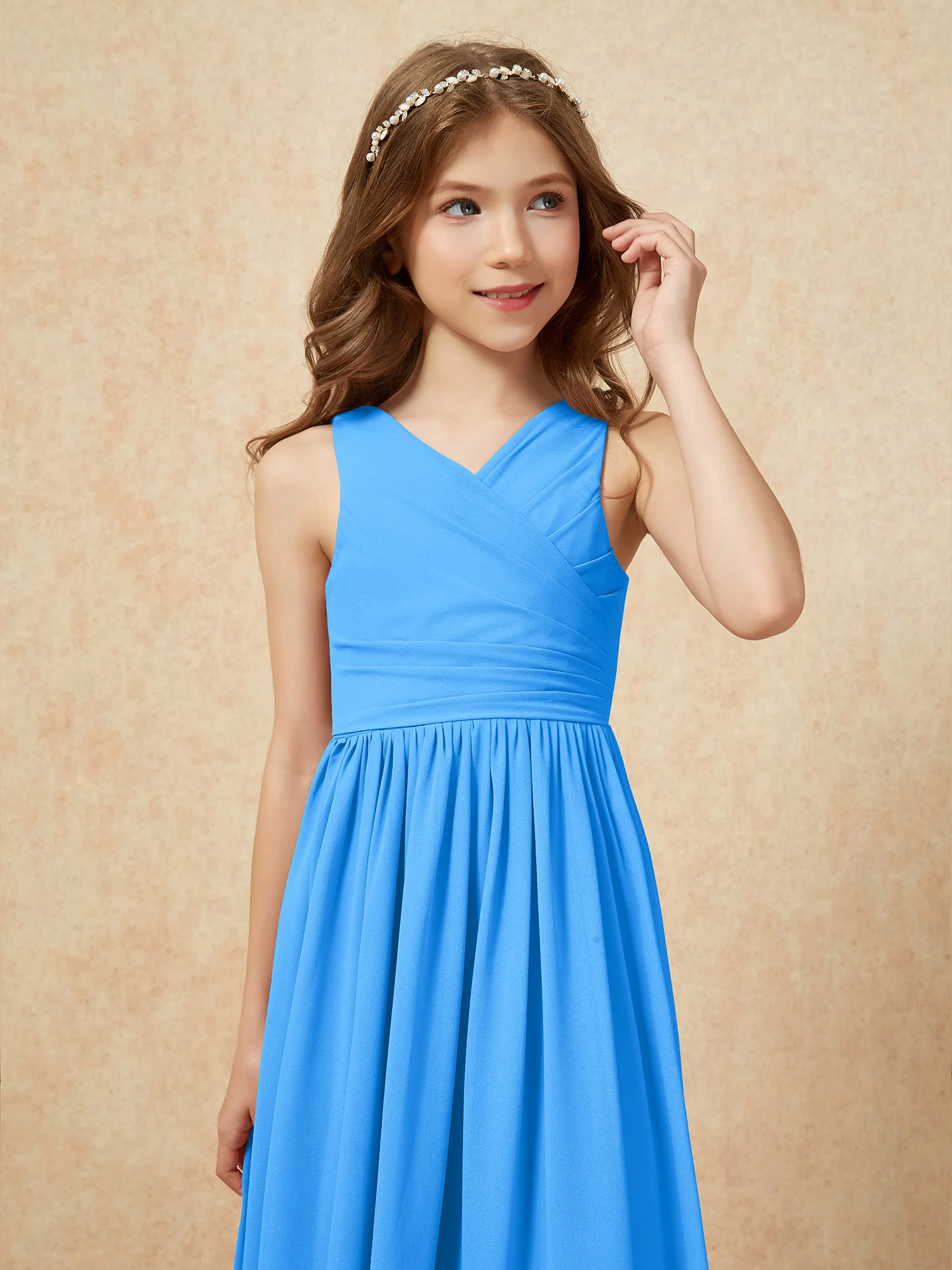 Pleated V-neck Chiffon Long Junior Bridesmaid Dresses Ocean Blue - Image 6