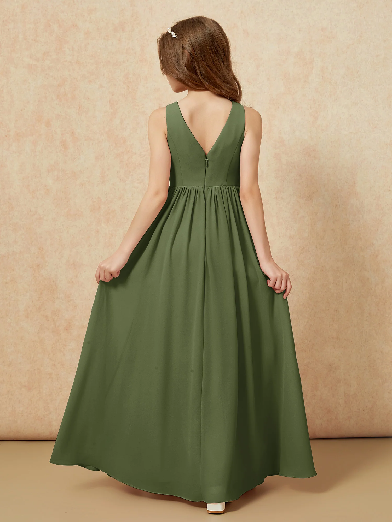 Pleated V-neck Chiffon Long Junior Bridesmaid Dresses Olive Green - Image 2