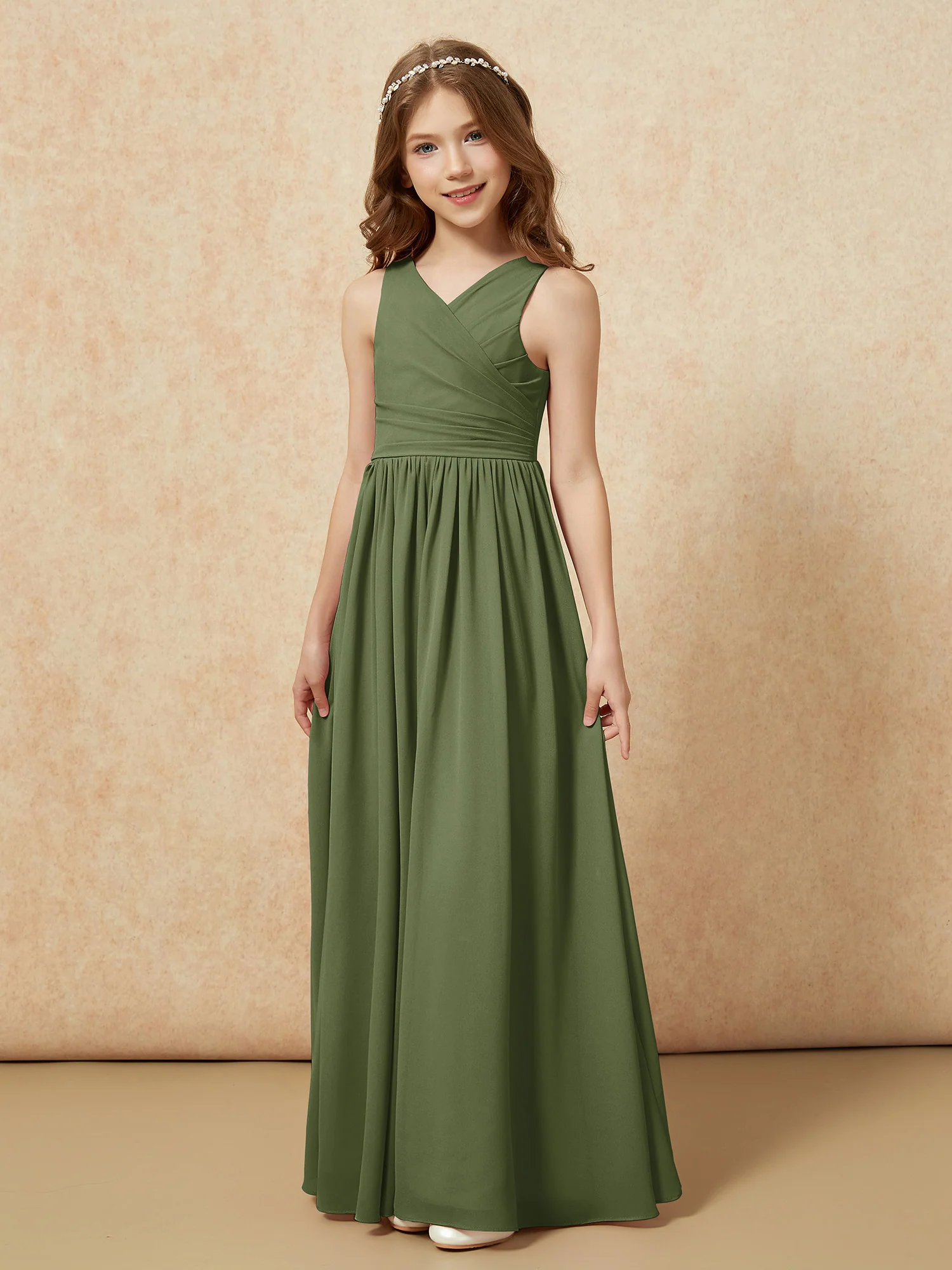 Pleated V-neck Chiffon Long Junior Bridesmaid Dresses Olive Green - Image 3