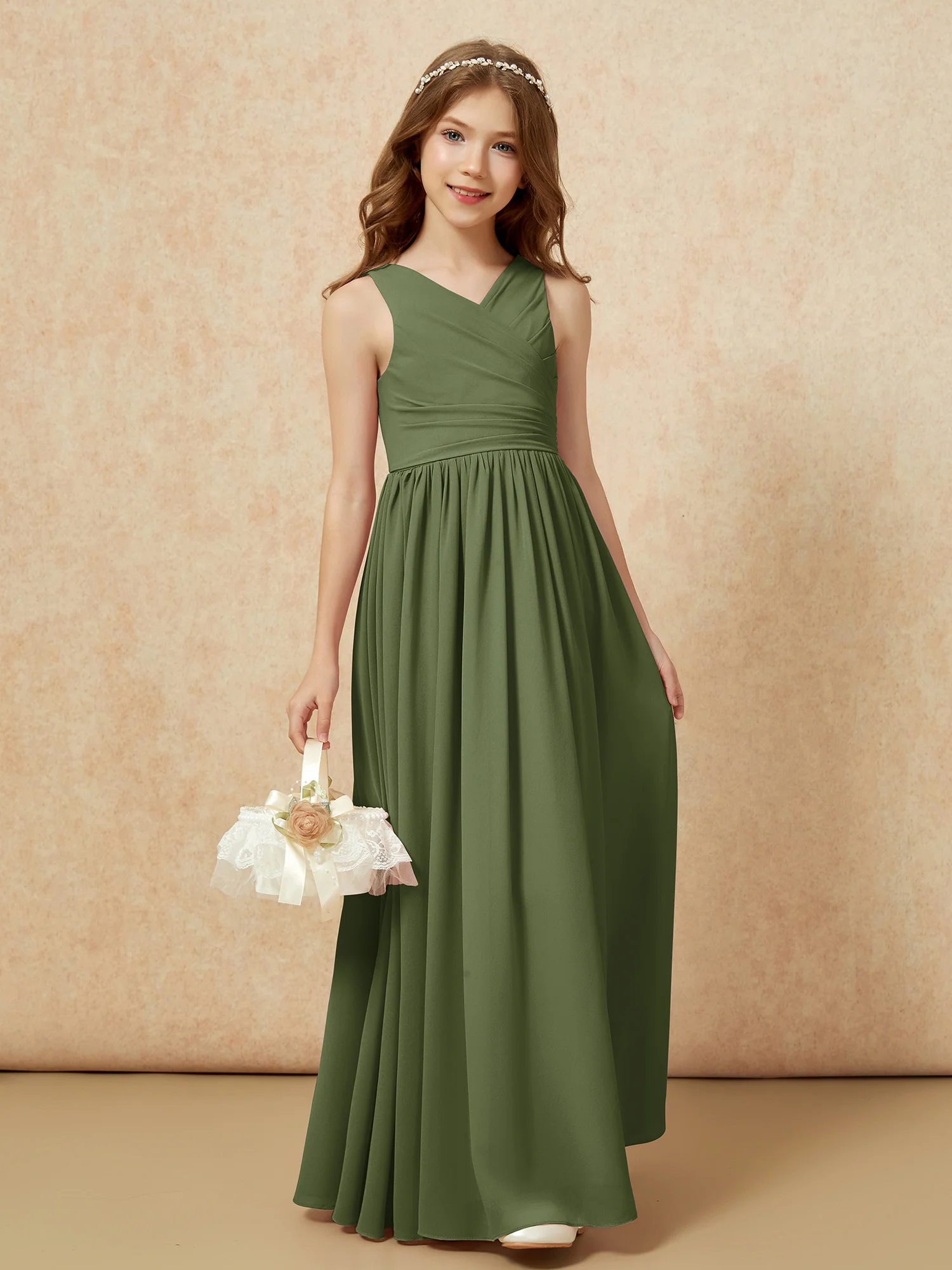 Pleated V-neck Chiffon Long Junior Bridesmaid Dresses Olive Green - Image 4